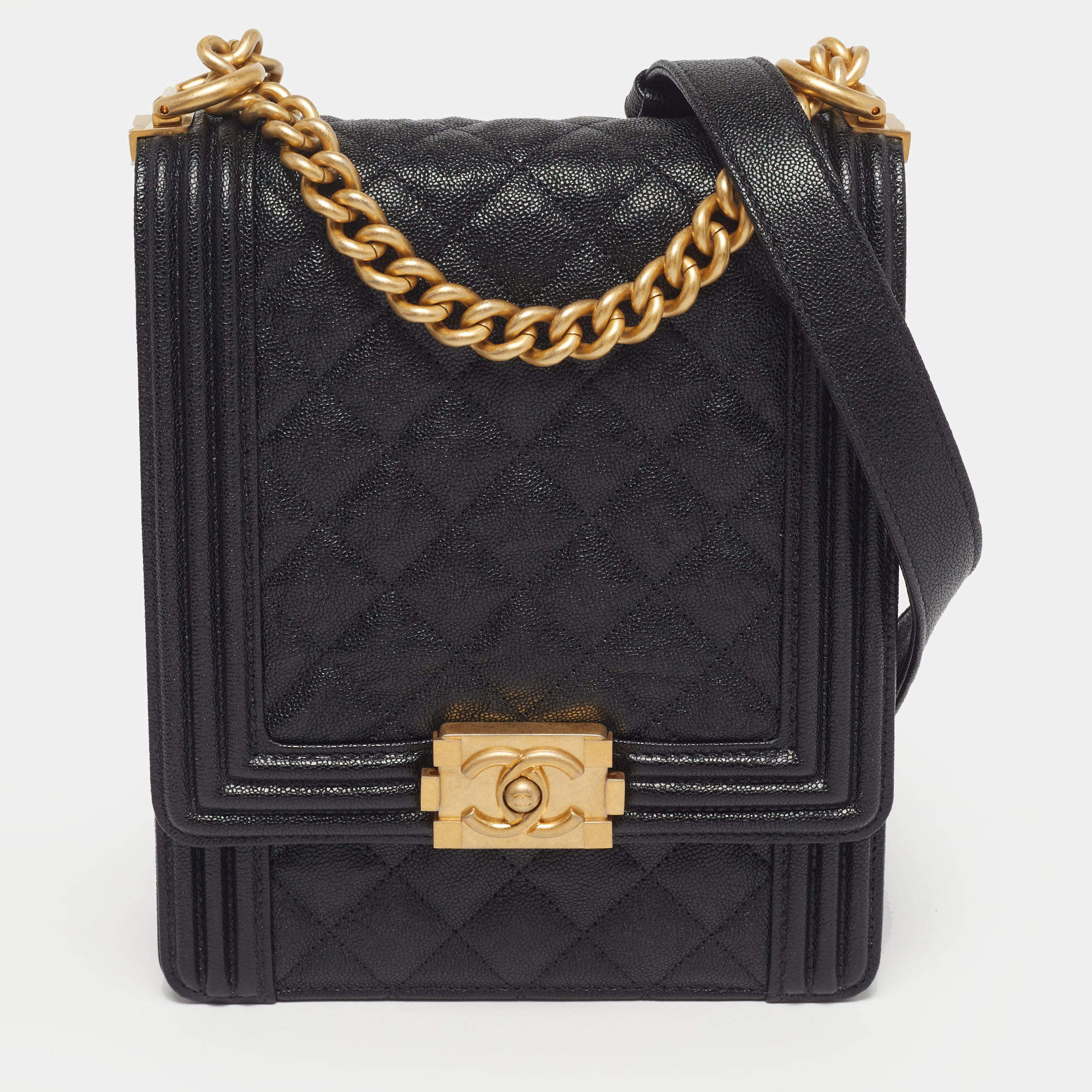Pre Owned Chanel Boy North South Black Quilted Caviar Leather Flap Bag