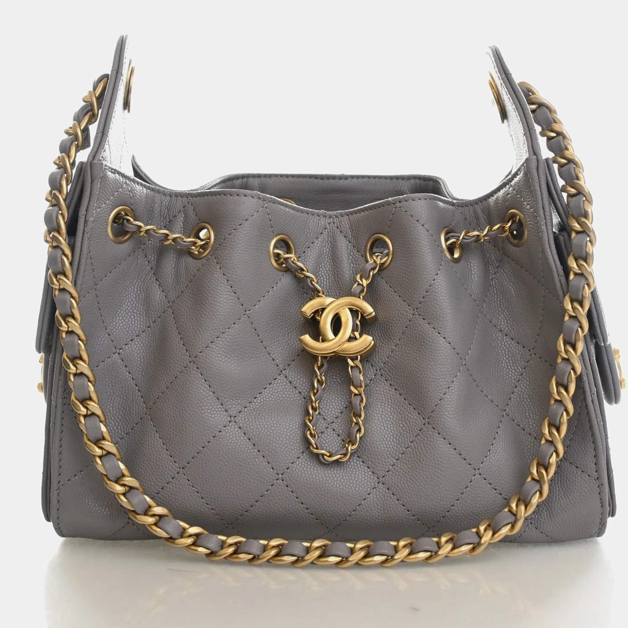 Pre Owned Chanel 25 Mini Grey Caviar Grained Calfskin Leather Hobo Bag