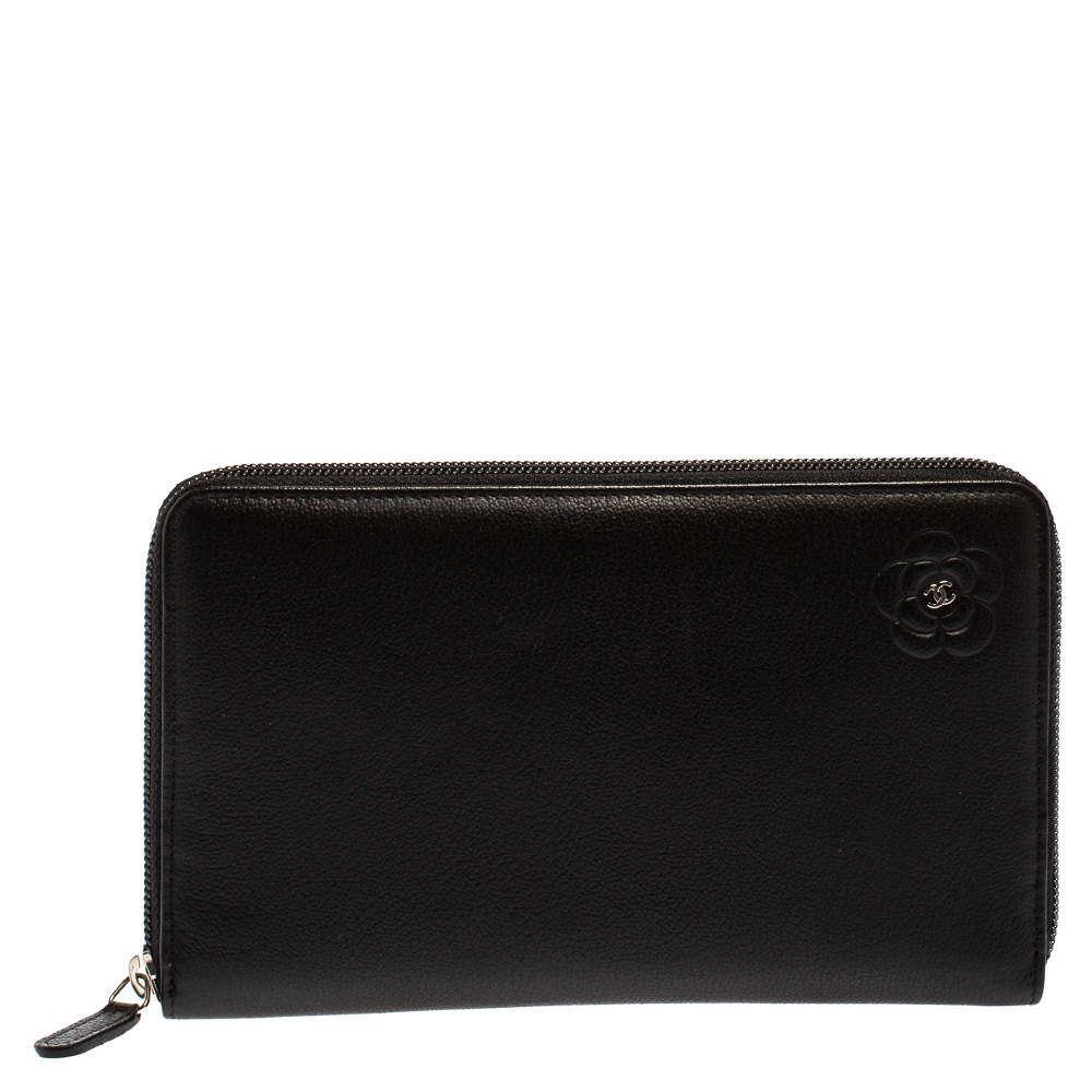 Pre Owned Chanel Black Leather Camellia Zip Around Travel Organizer