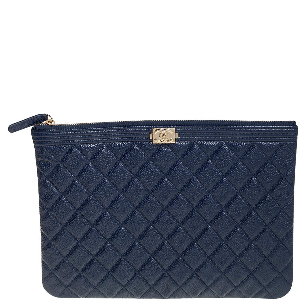 Pre Owned Chanel Blue Quilted Caviar Leather Boy Large O-Case Zip Pouch