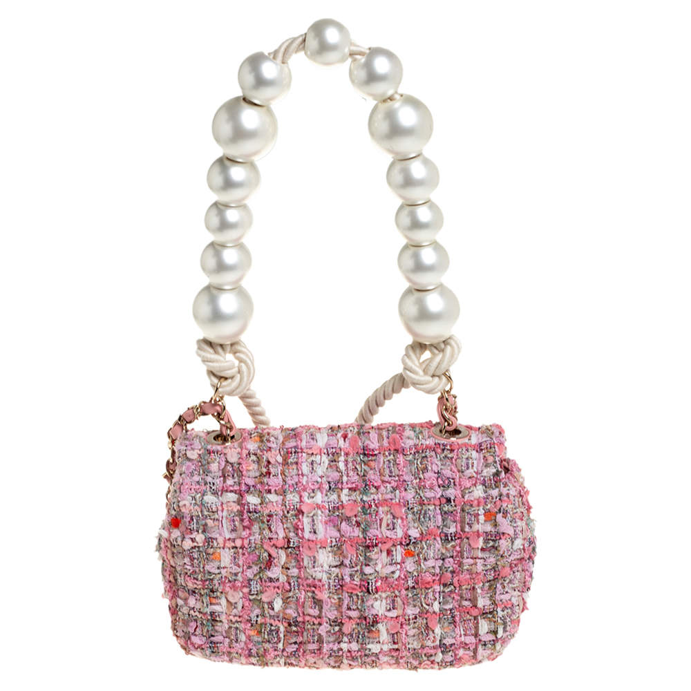 Chanel Pink Tweed Small Pearl Handle Flap Bag Chanel