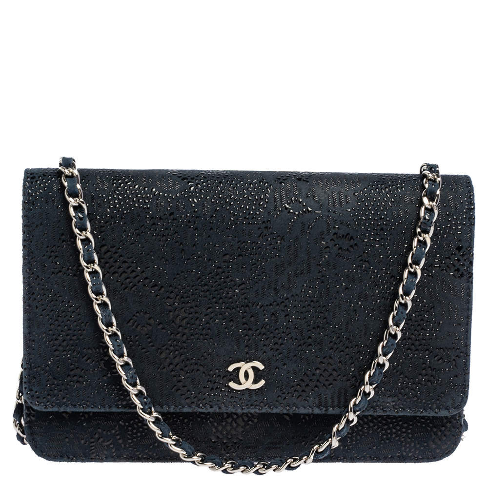 Pre Owned Chanel Navy Blue/Black Lace Overlay Suede Classic Wallet on Chain