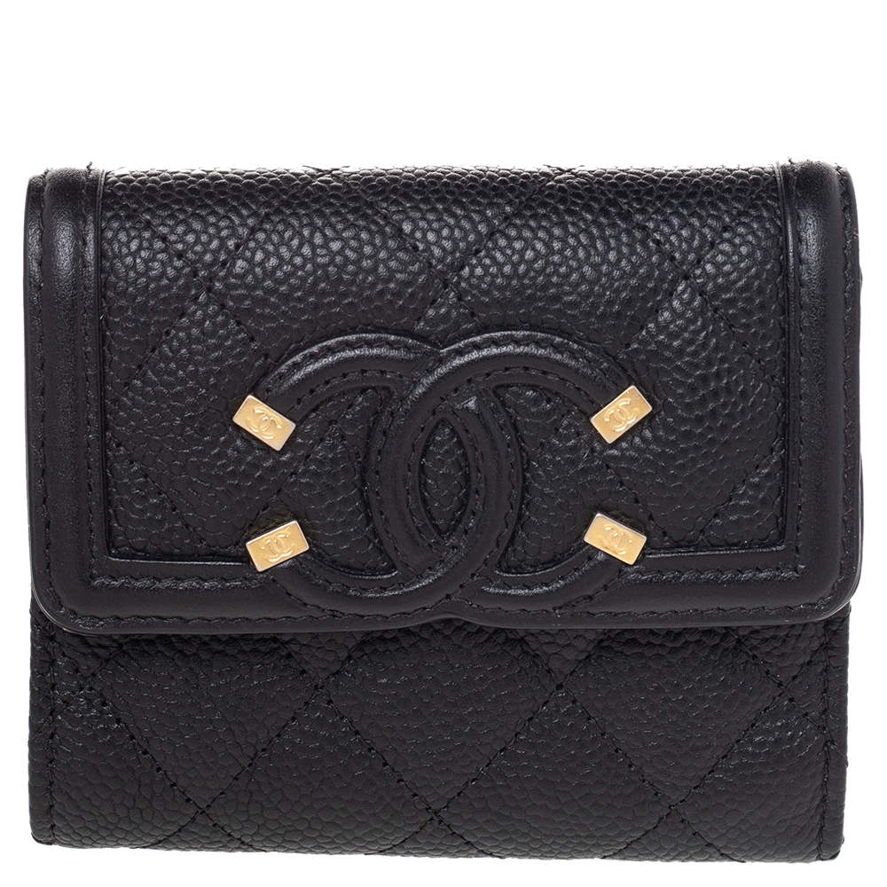 Pre Owned Chanel Black Caviar Leather Small CC Filigree Flap Wallet