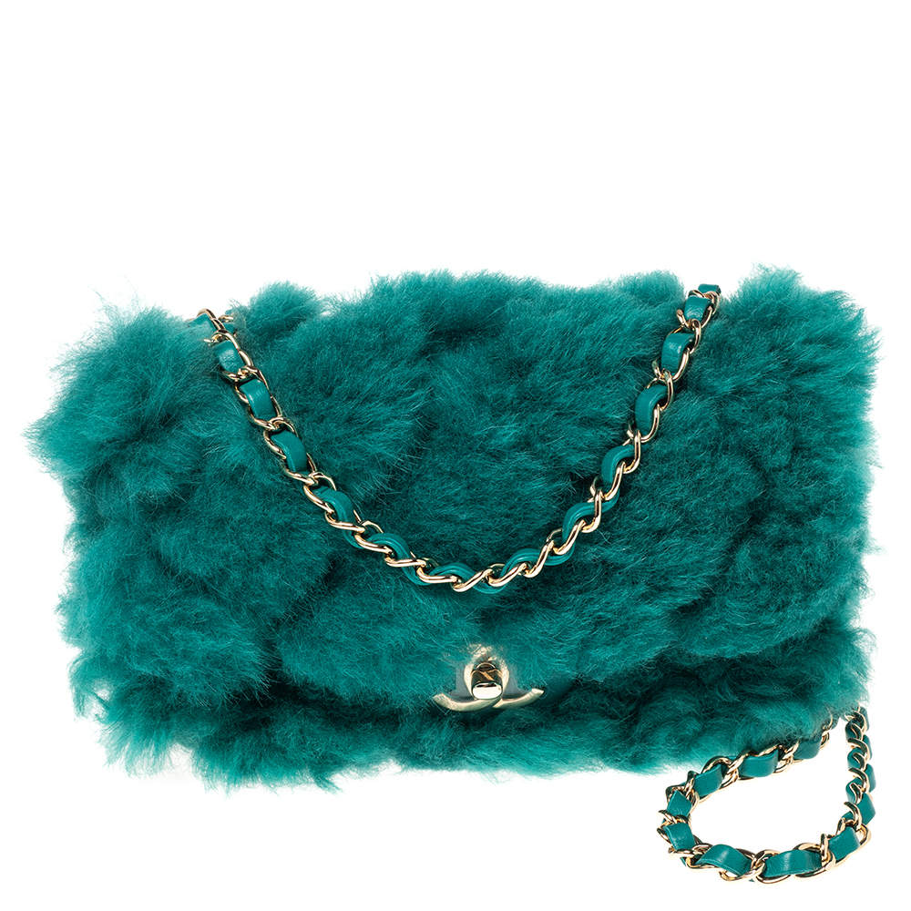 Pre Owned Chanel Green Shearling Fur and Leather New Mini Classic Flap Bag