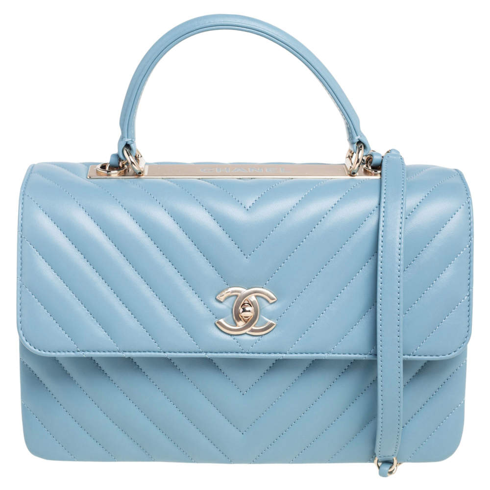 Pre Owned Chanel Blue Chevron Lambskin Leather Trendy CC Medium Top Handle Bag