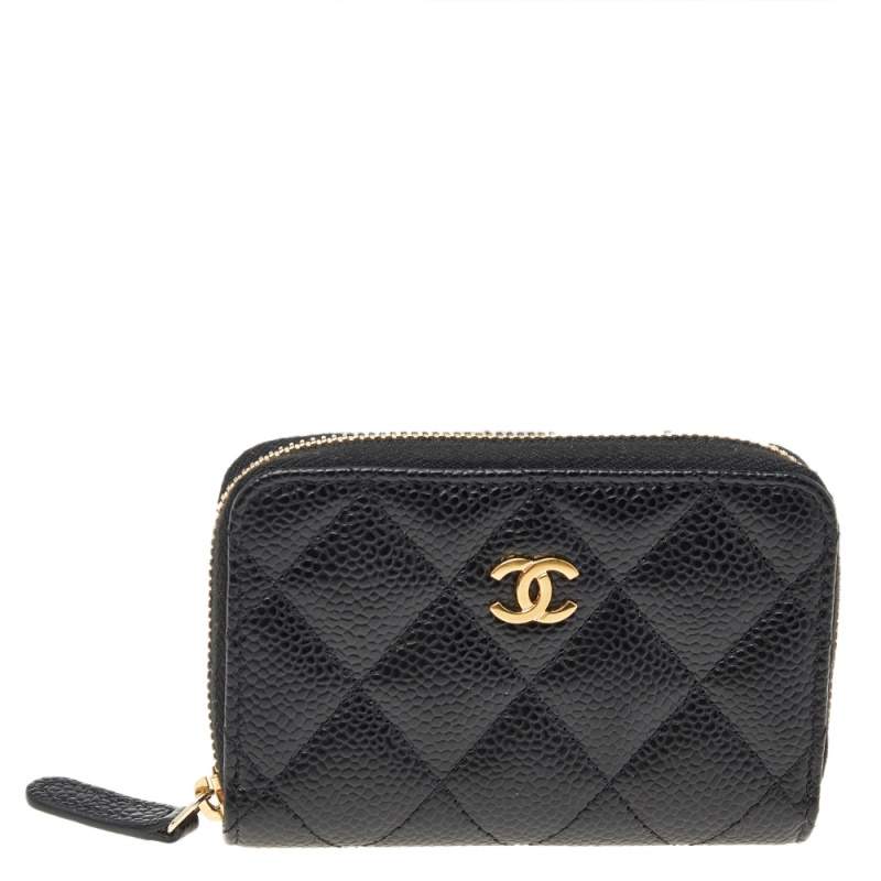 مملوكة مسبقًا Chanel Black Quilted Caviar Leather CC Logo Coin Zip Around Wallet