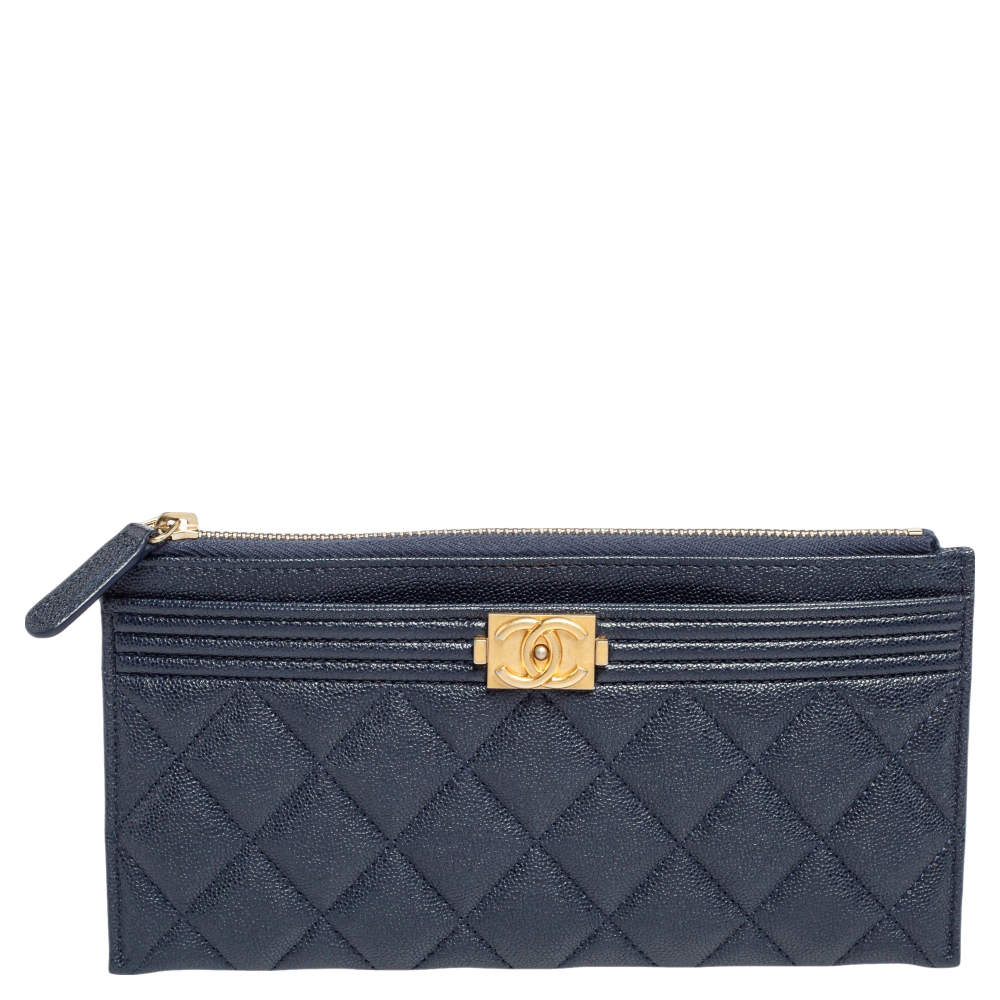 Chanel Navy Blue Caviar Quilted Leather Medium Boy Pouch 
