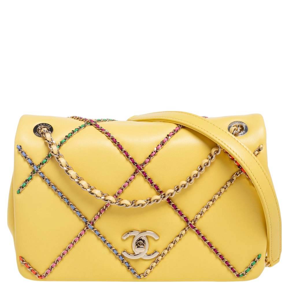 Pre Owned Chanel Yellow Leather Entwined Chain Shoulder Bag 