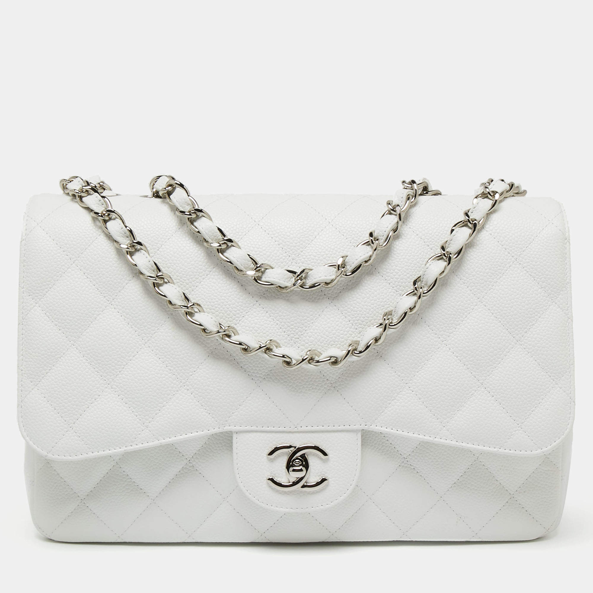 Pre Owned Chanel White Quilted Caviar Leather Jumbo Classic Single Flap Bag