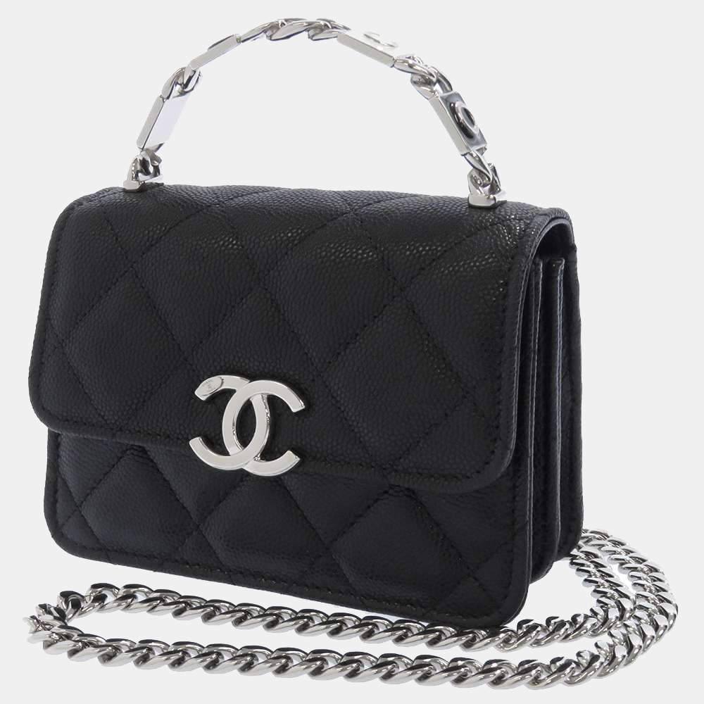 Pre Owned Chanel Black Caviar Leather Enamel Mini Chain Top Handle Bag 