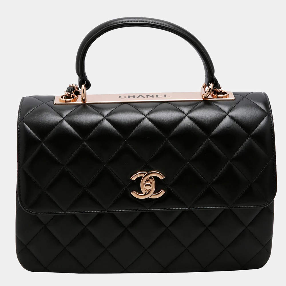Pre Owned Chanel Black Quilted Lambskin Leather Trendy CC Flap Handle Bag