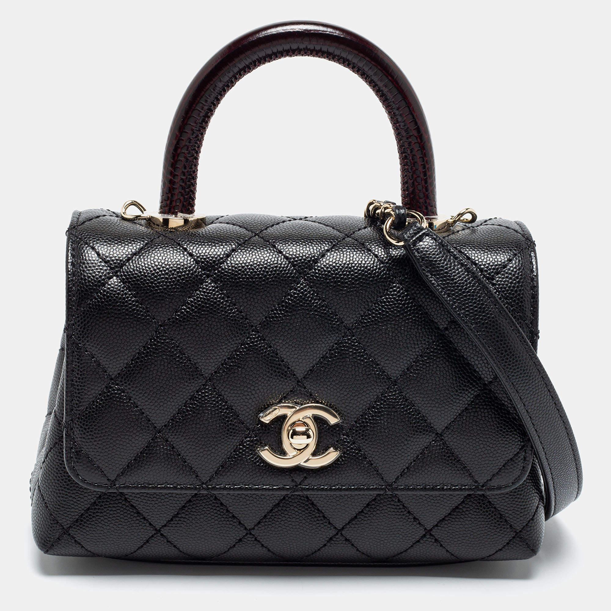 Pre Owned Chanel Black Quilted Caviar Leather Extra Mini Coco Handle Bag