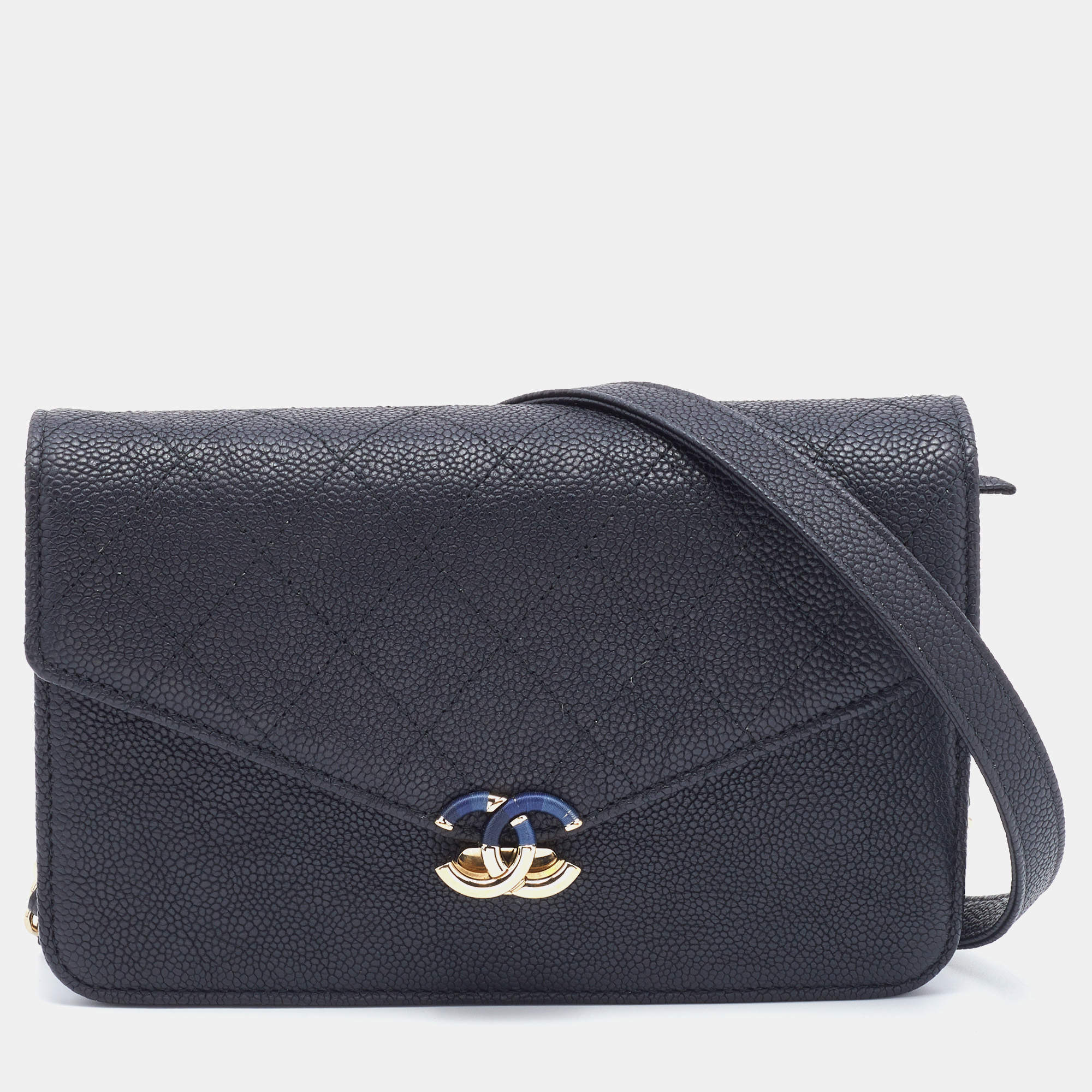 Pre Owned محفظة شانيل جلد مبطن أسود بسلسلة