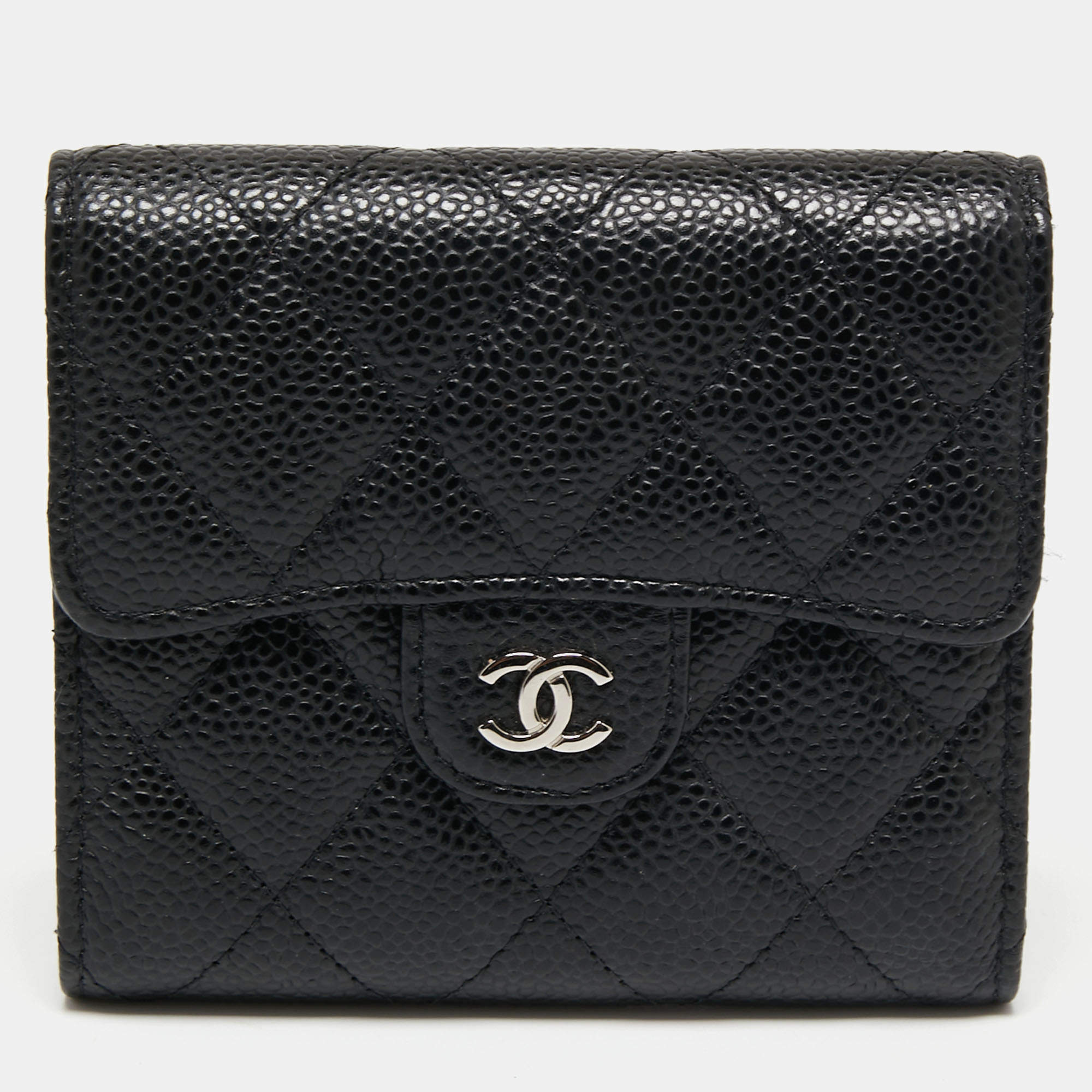 Pre Owned Chanel Black Quilted Caviar Leather Classic Trifold Flap Wallet