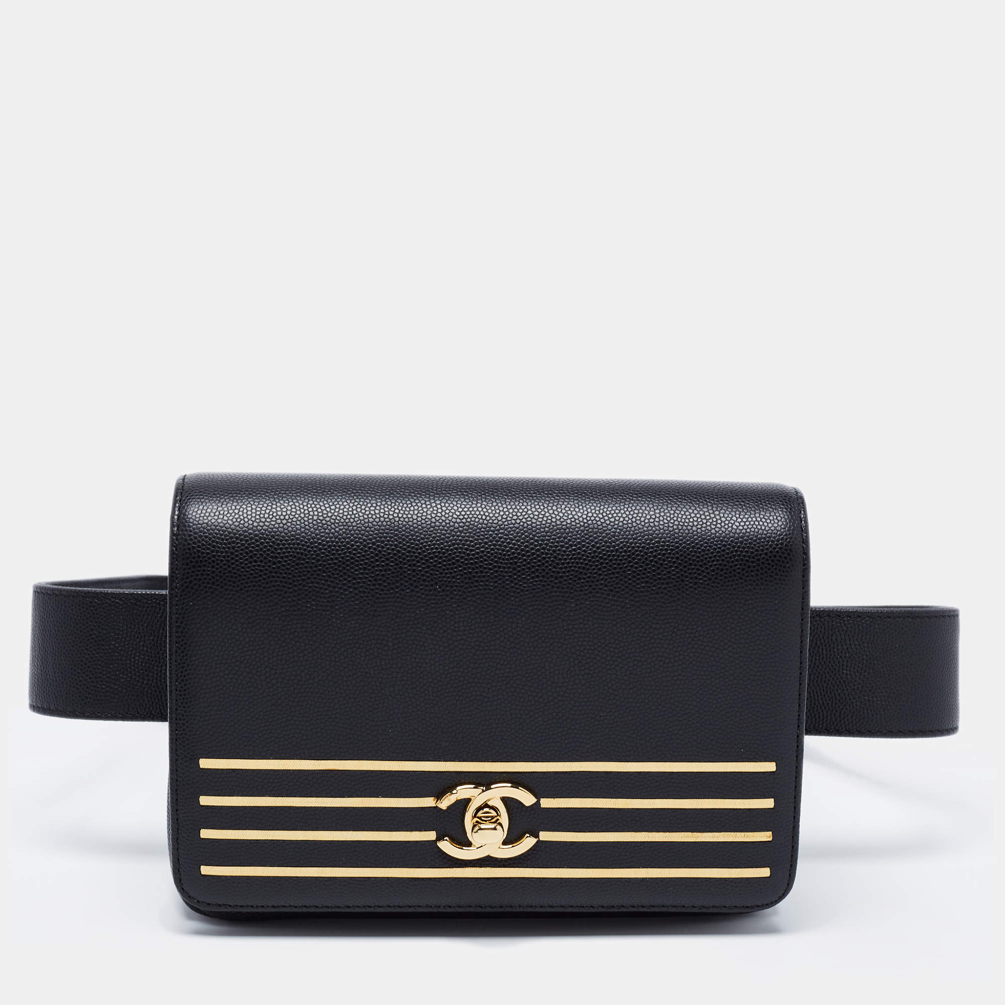 Pre Owned Chanel Black Caviar Leather Captain Gold Waist Bag