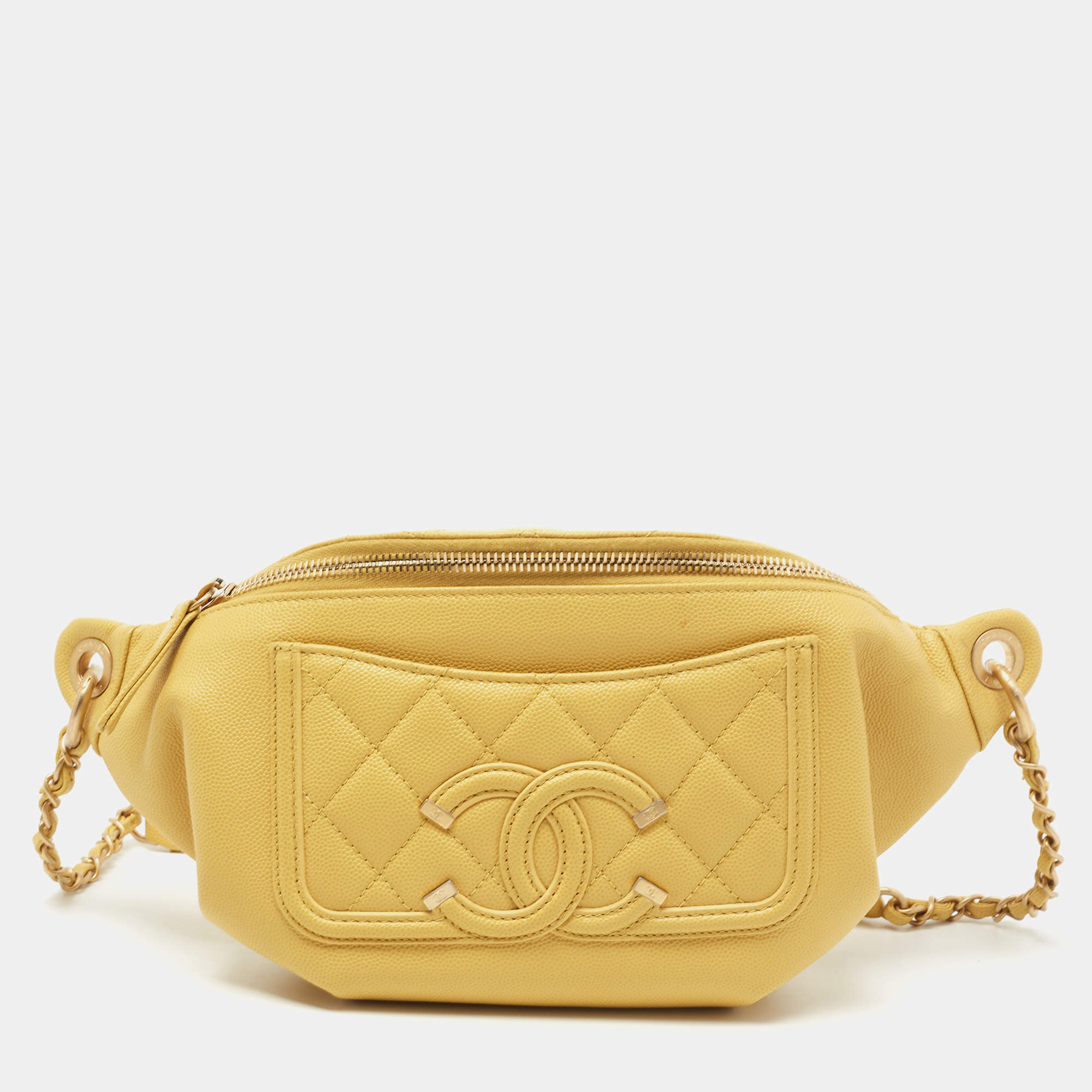 Pre Owned Chanel Yellow Quilted Caviar Leather Filigree Waist Bag