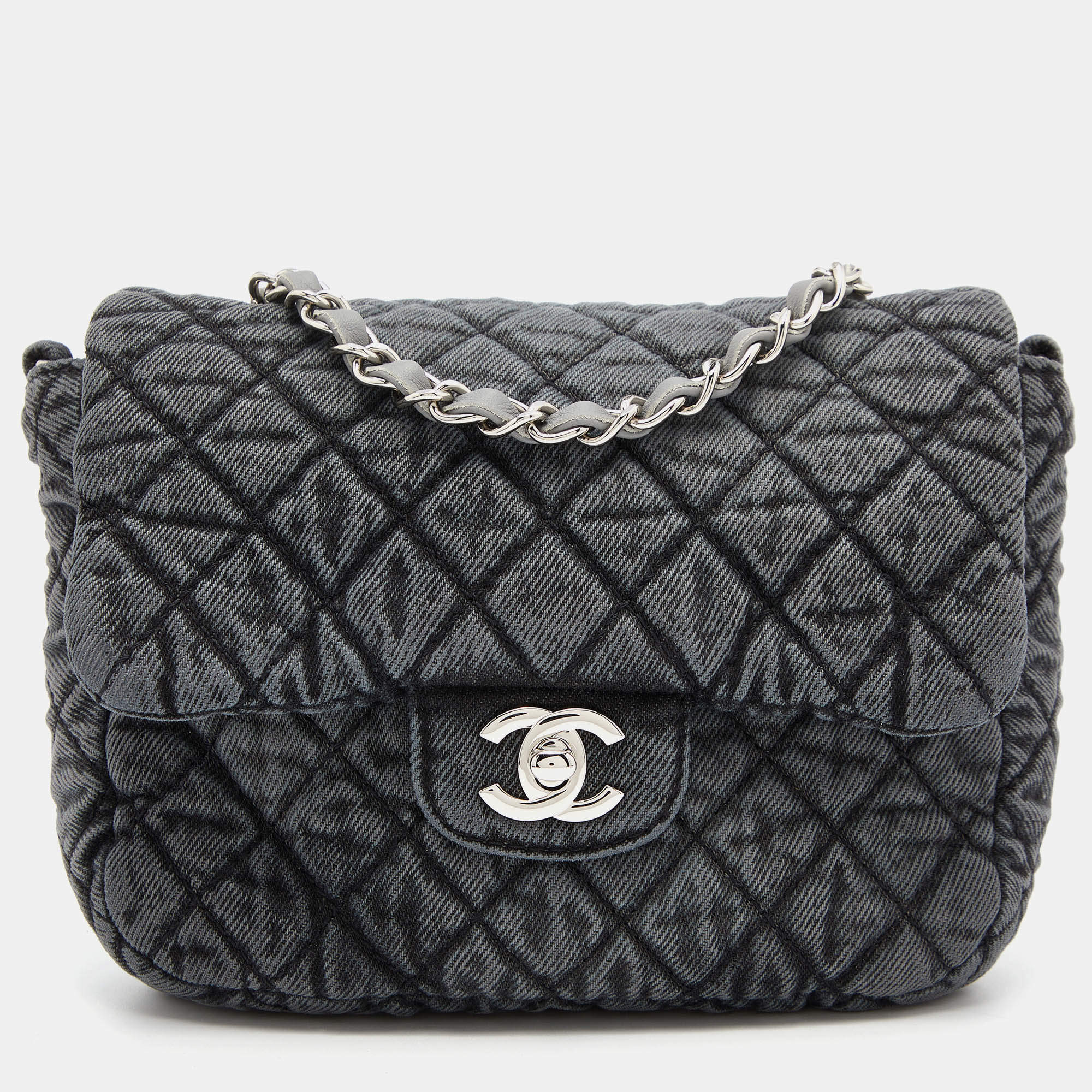 Chanel Grey Black Quilted Washed Denim Small Denimpression Flap Bag