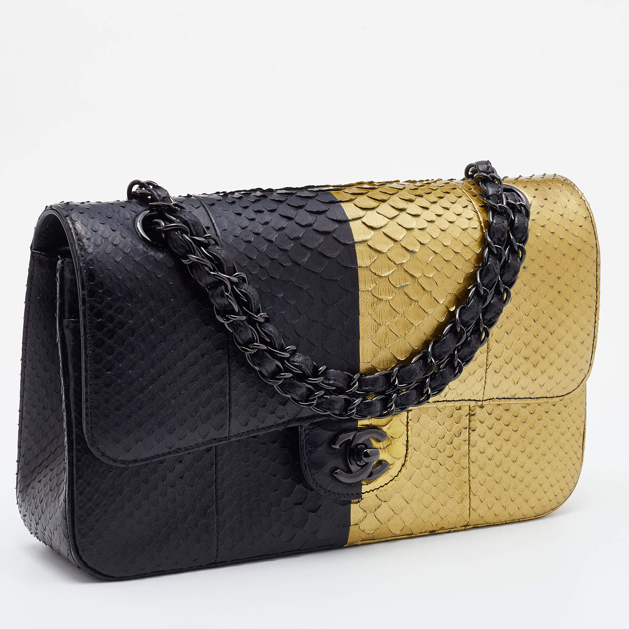 Chanel Gold/Black Python Medium Classic Double Flap Bag