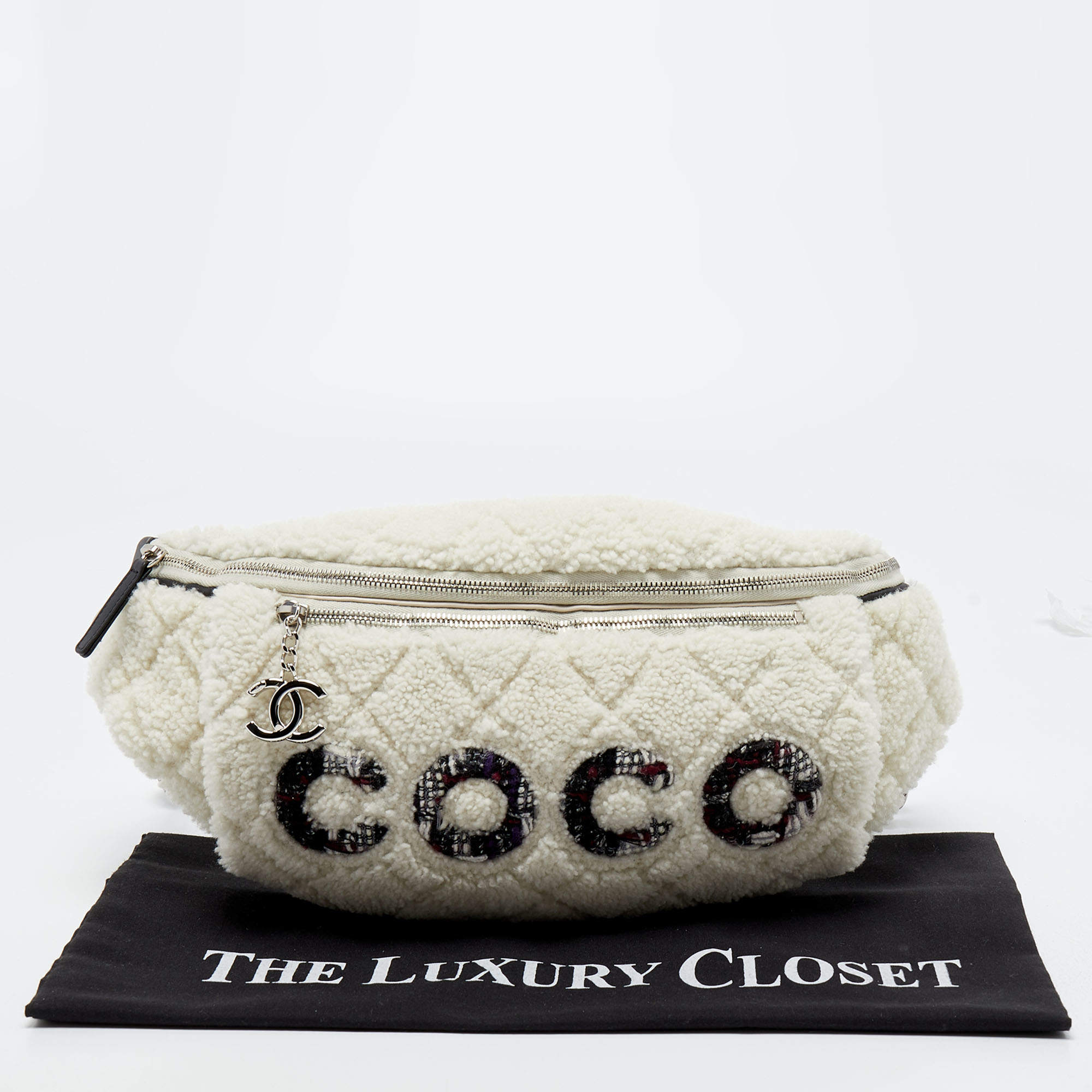 Chanel Off White Shearling and Tweed Coco Belt Bag Chanel