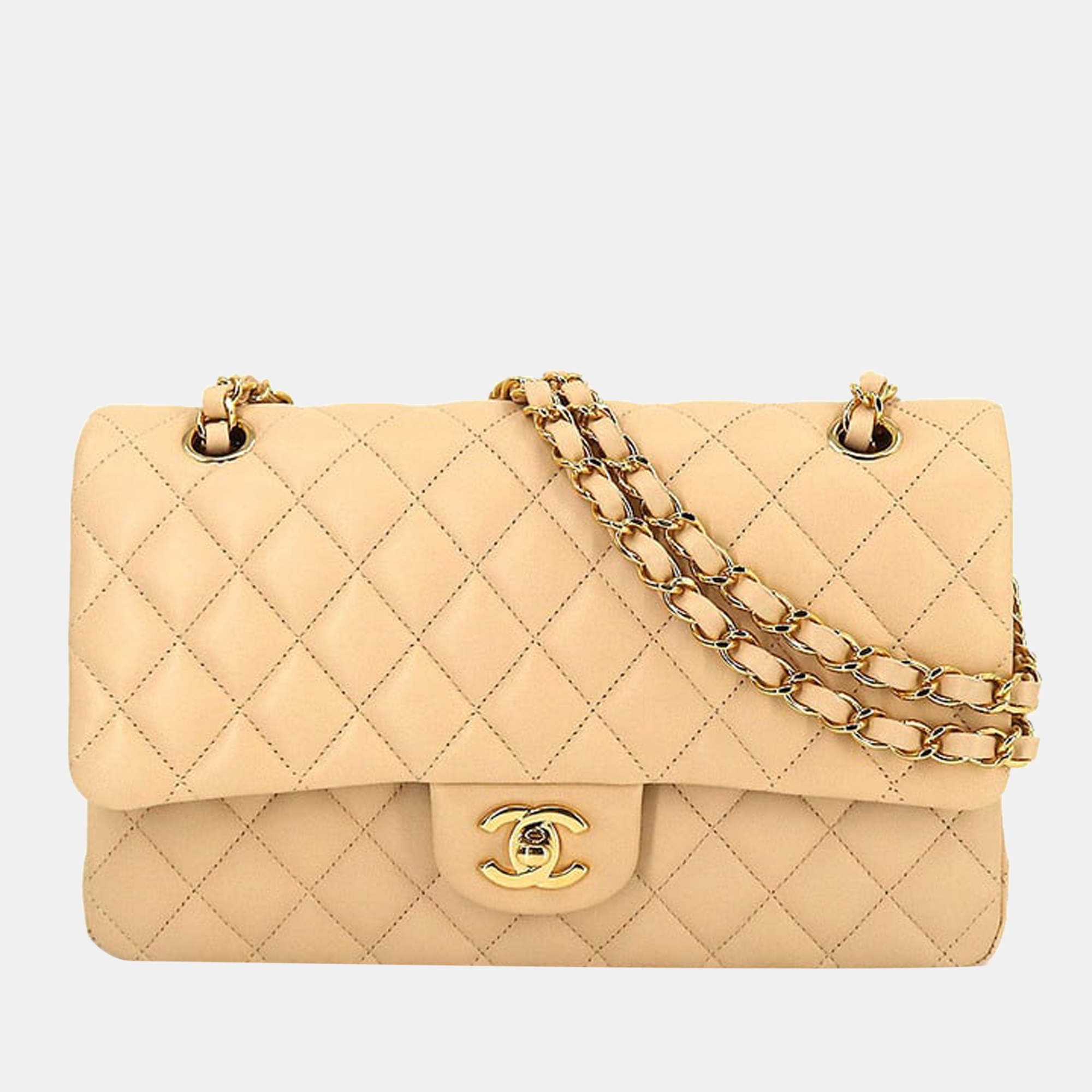 Chanel Beige Leather Small Classic Double Flap Shoulder Bag