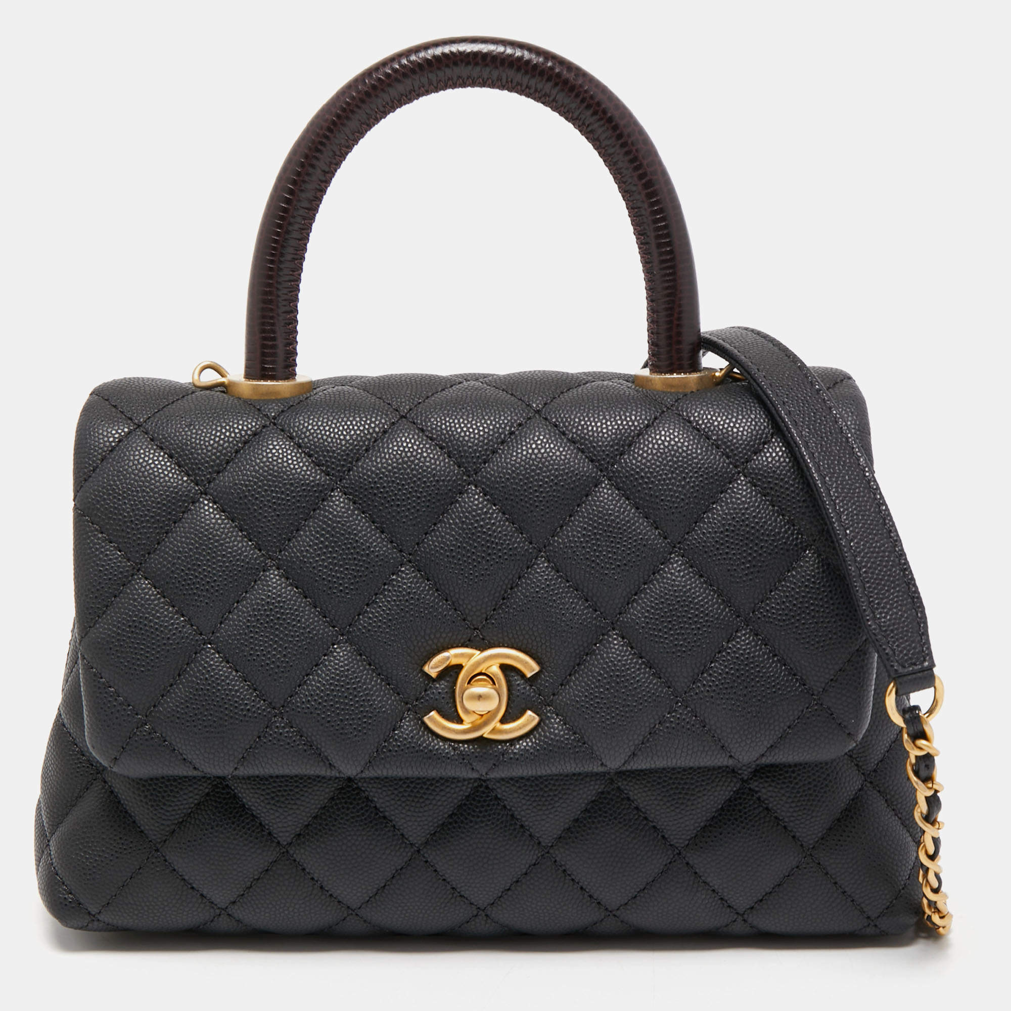 Pre Owned Chanel Black/Burgundy Quilted Caviar Leather Mini Coco Top Handle Bag
