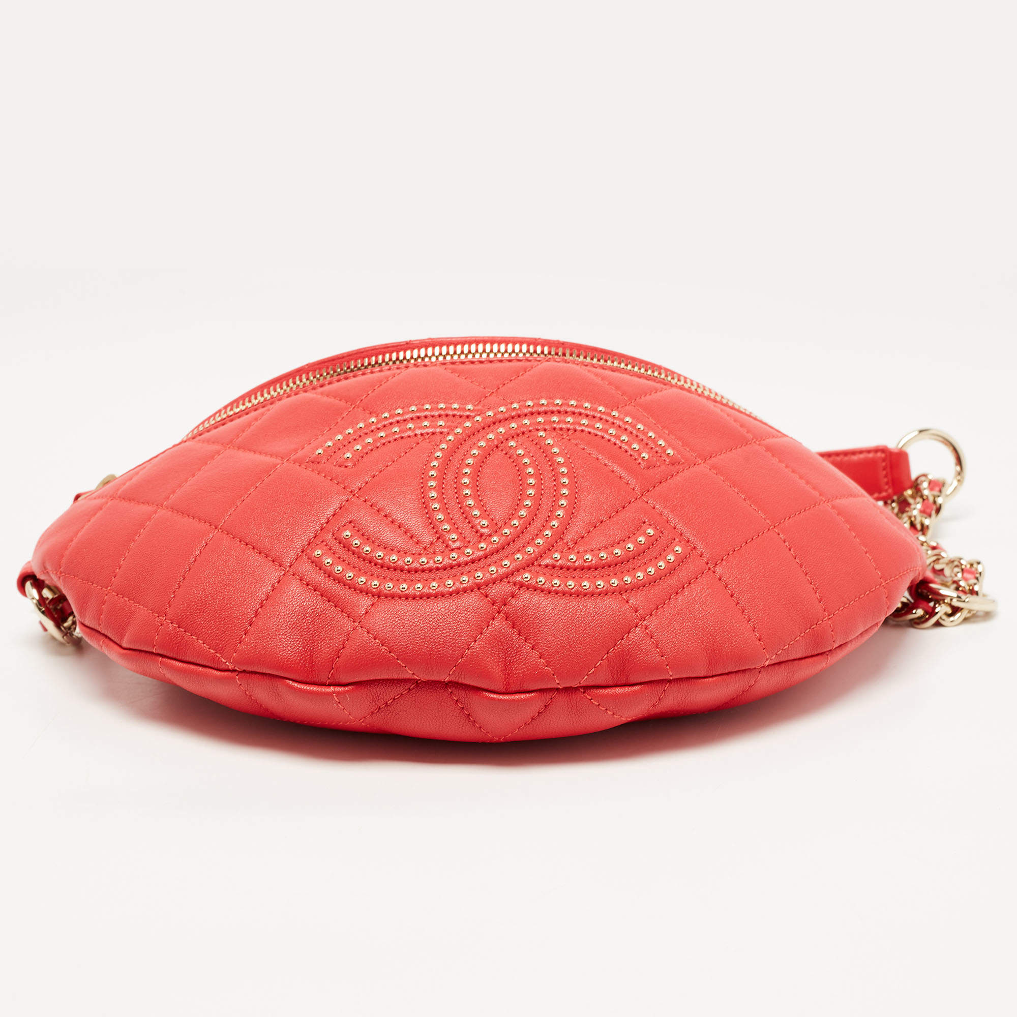 Chanel Red Quilted Leather Studded Logo Waist Bag