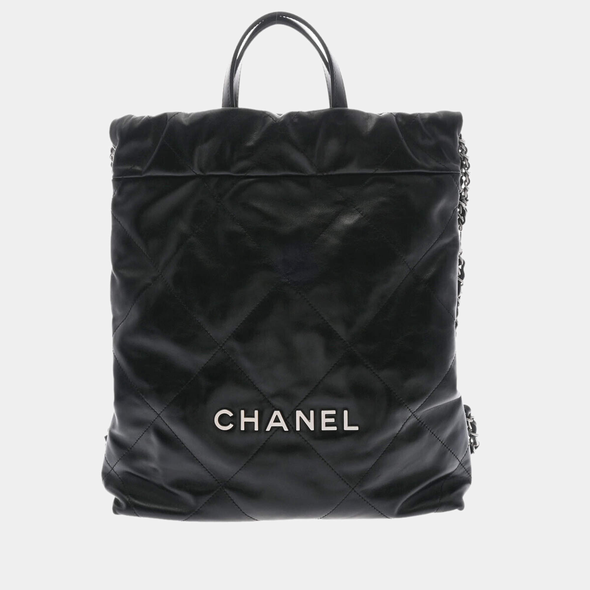 Chanel Black Shiny Calf Leather 22 Backpack Chanel