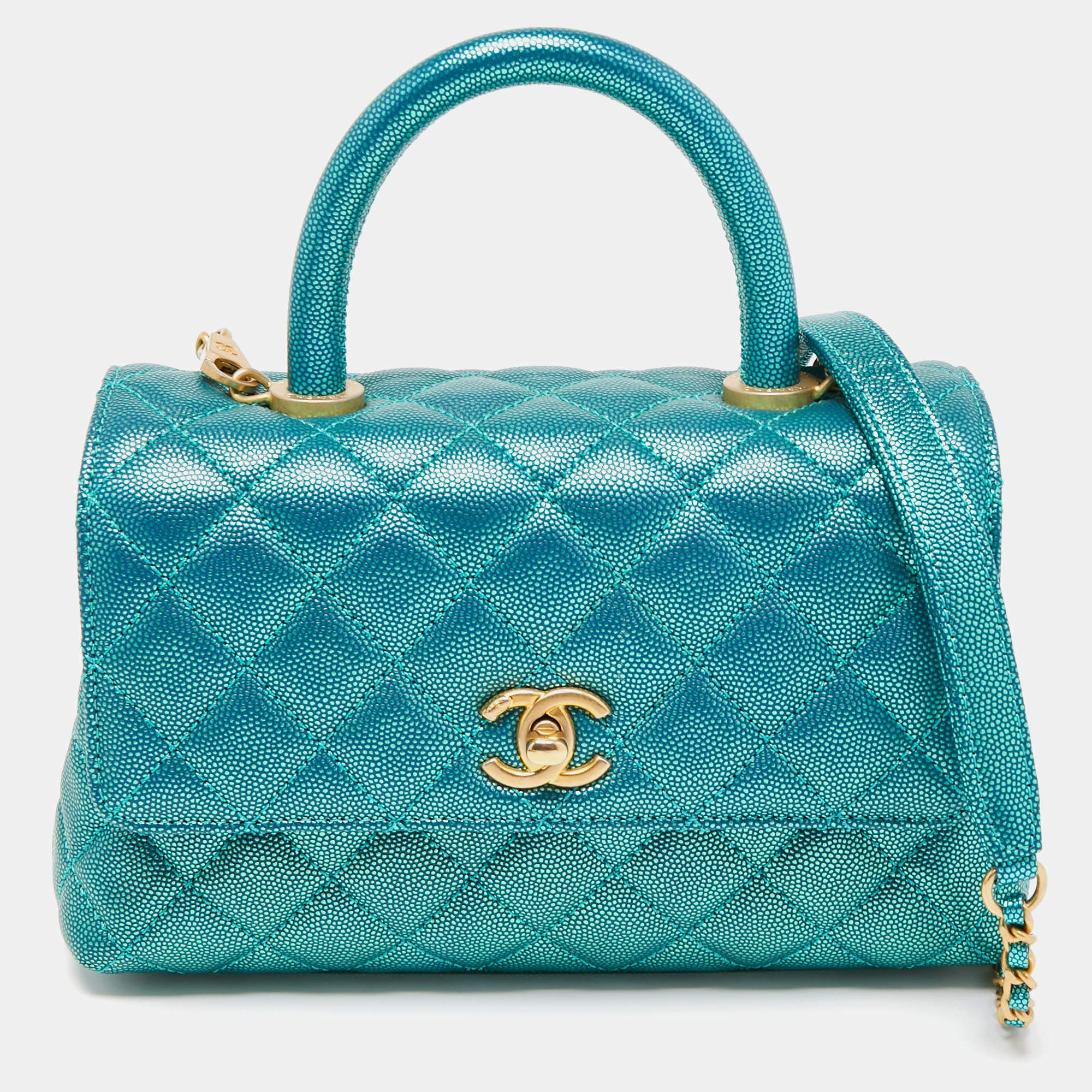 Pre Owned Chanel Metallic Green Quilted Caviar Leather Small Coco Top Handle Bag