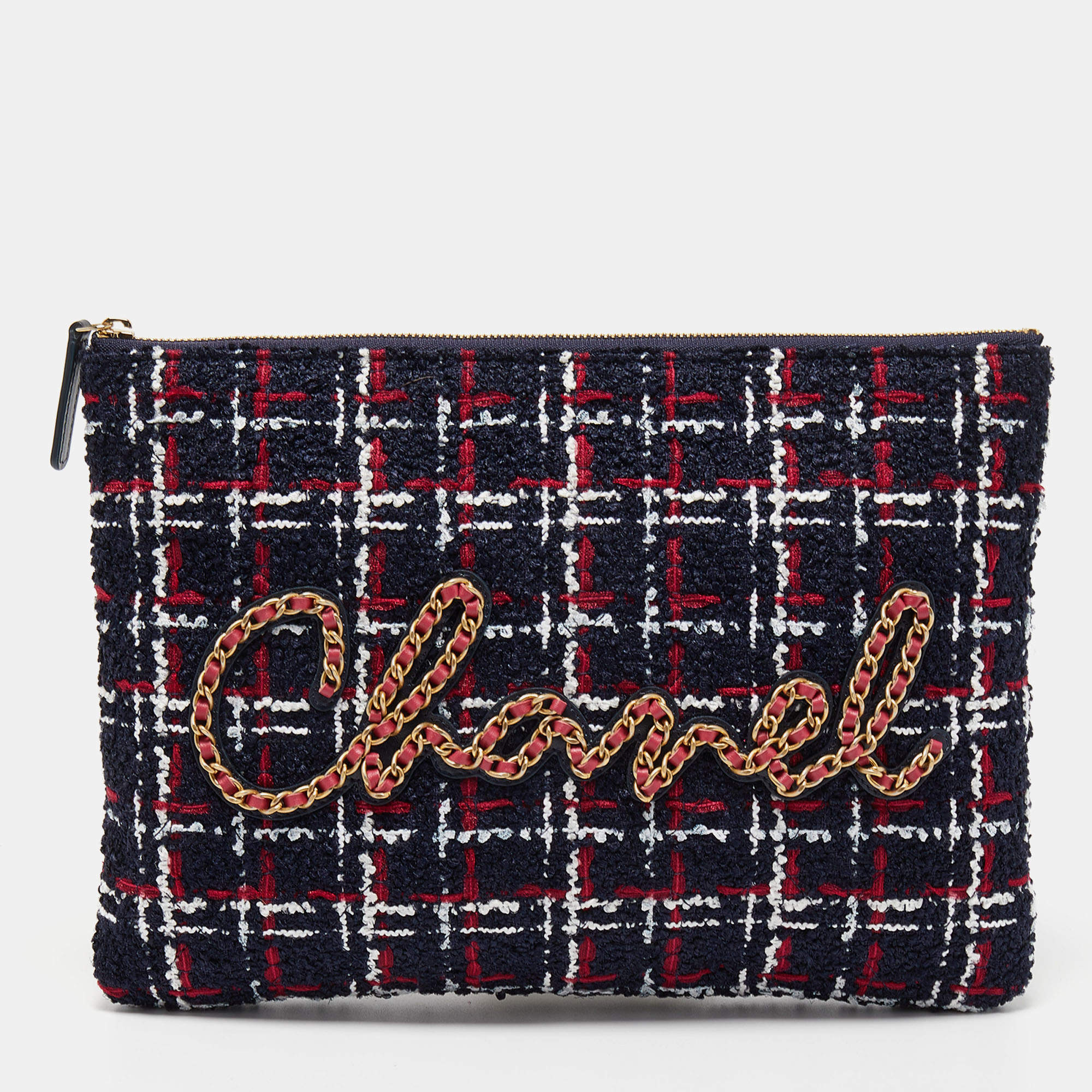 Pre Owned Chanel Multicolor Tweed Signature Zip Pouch