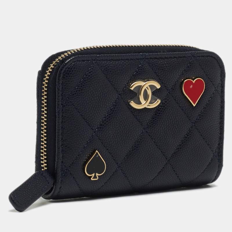 Chanel Navy Blue Quilted Caviar Leather Playing Card Charms CC Zip Coin Purse