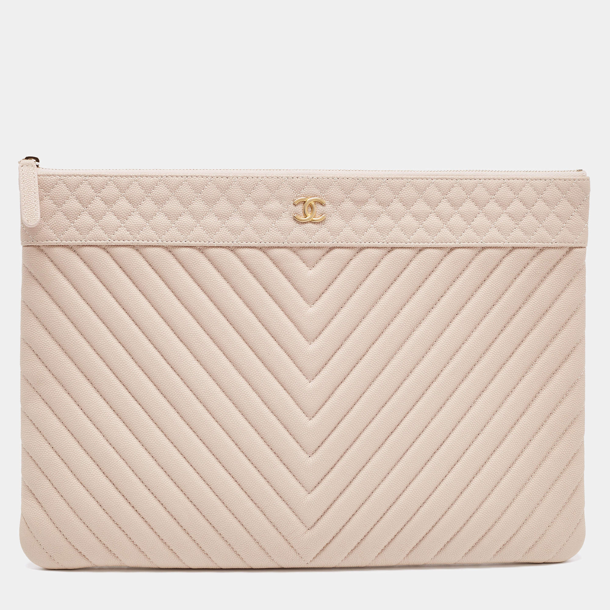 Pre Owned Chanel Blush Pink Chevron Caviar Leather Large O-Case Zip Pouch