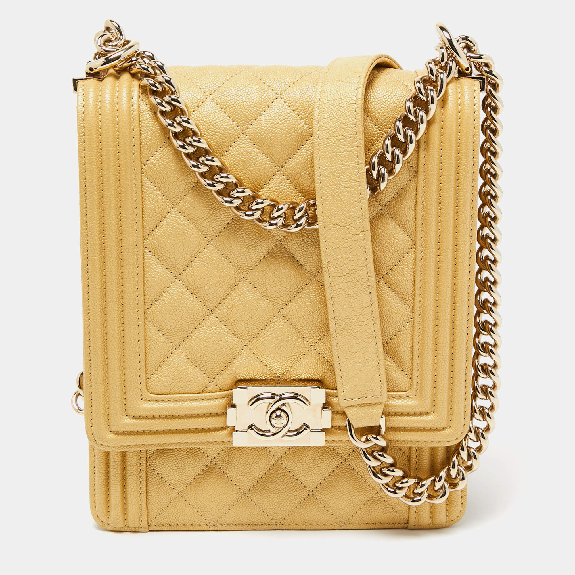 Pre Owned Chanel Gold Quilted Caviar Leather North South Boy Flap Bag