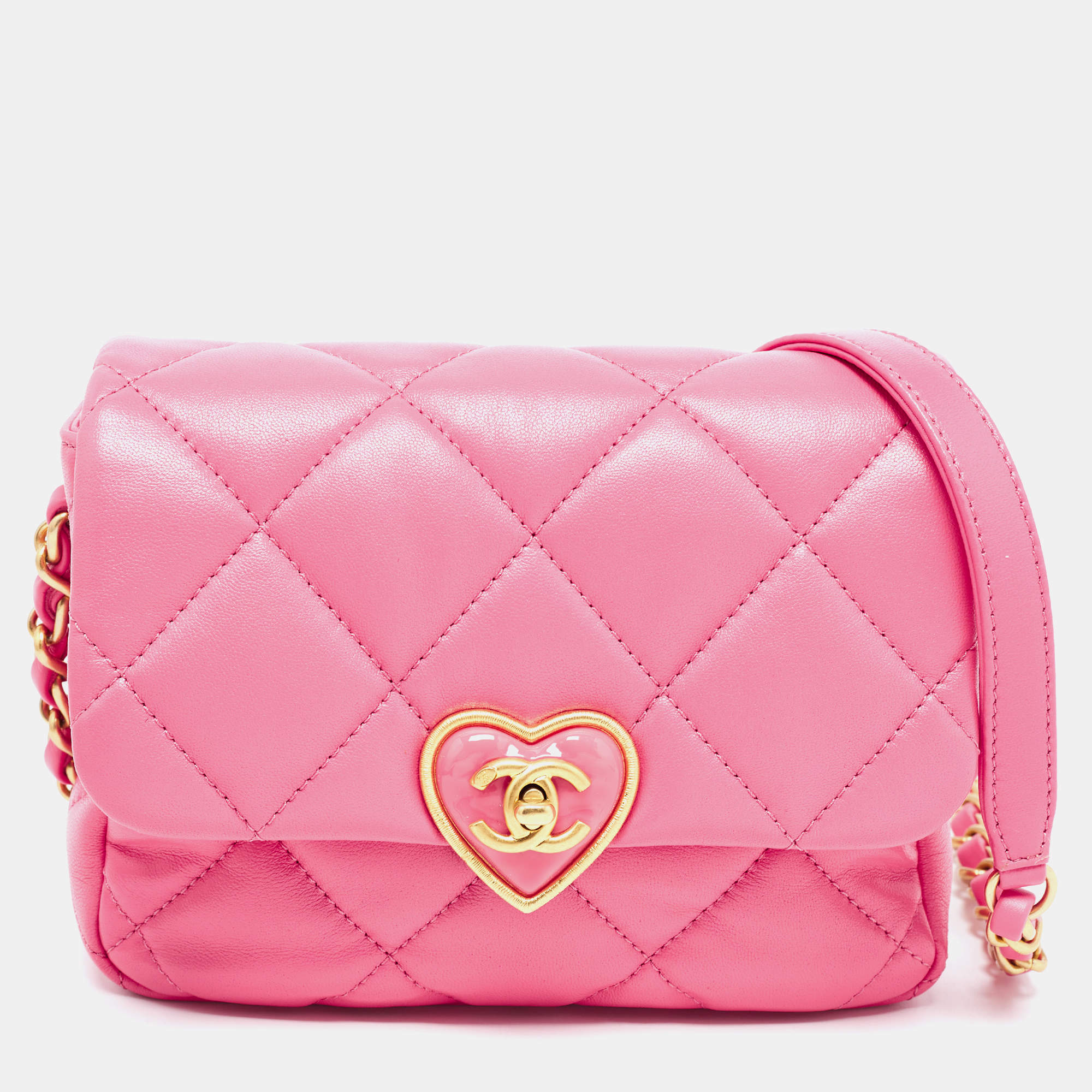 Pre Owned Chanel Pink Quilted Leather Mini Heart Flap Bag