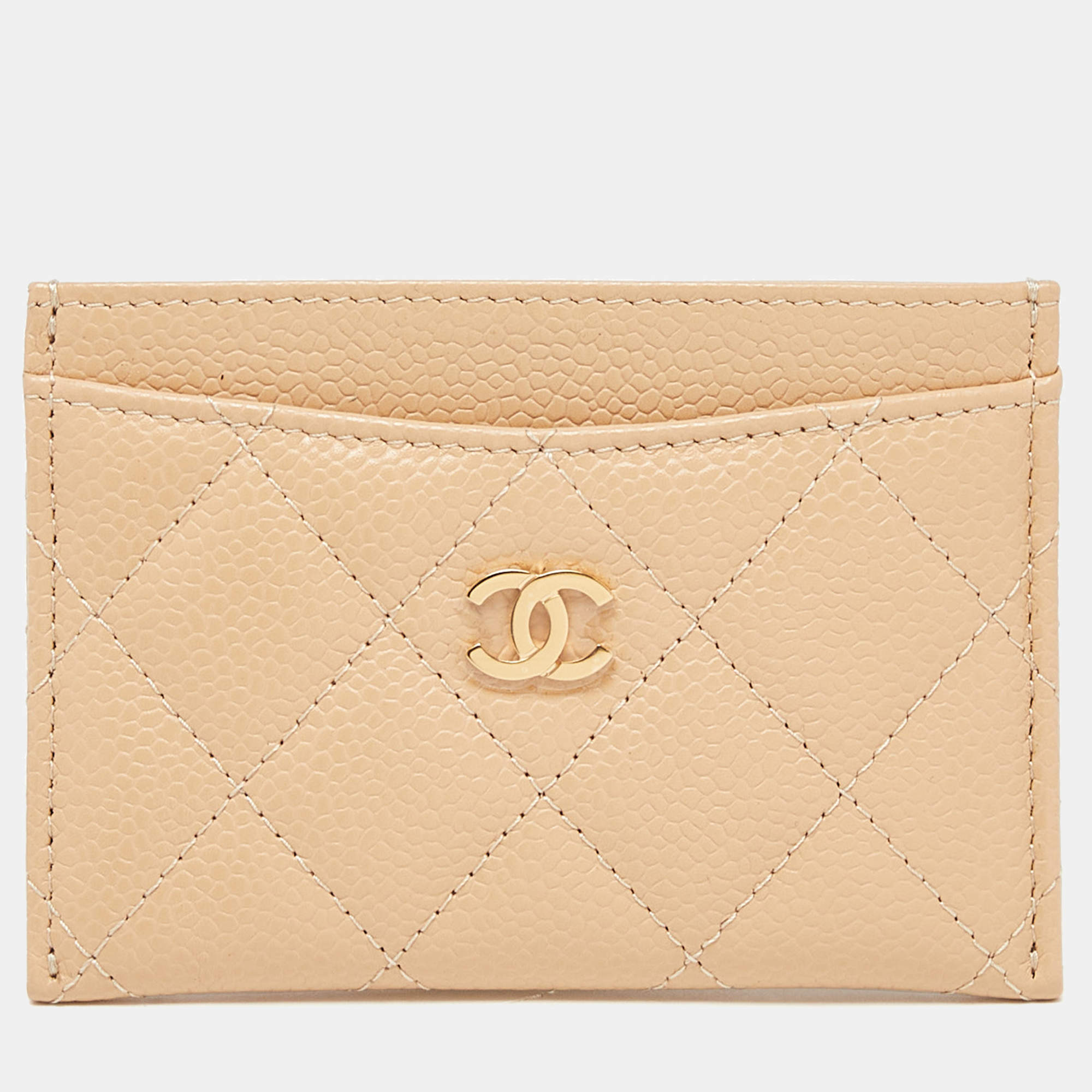Chanel Beige Quilted Caviar Leather CC Logo Card Holder 
