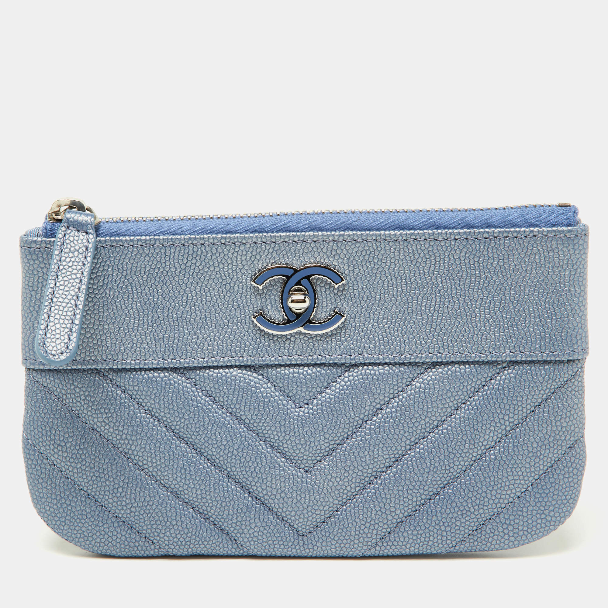 Chanel Blue Quilted Caviar Leather CC Zip Pouch