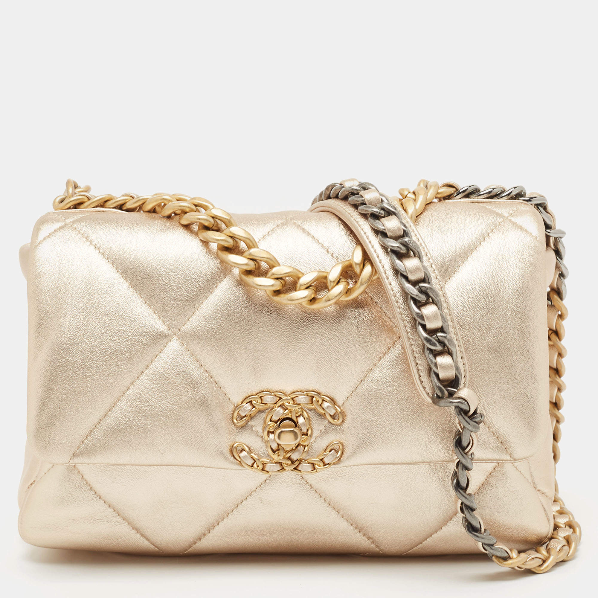 Pre Owned Chanel Metallic Gold Quilted Leather Small 19 Flap Bag