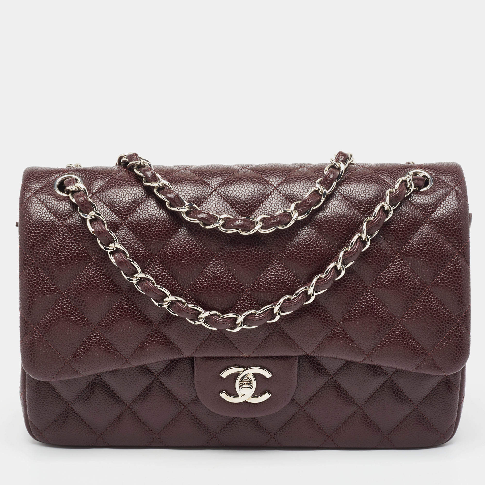 Pre Owned Chanel Burgundy Quilted Caviar Leather Jumbo Classic Double Flap Bag