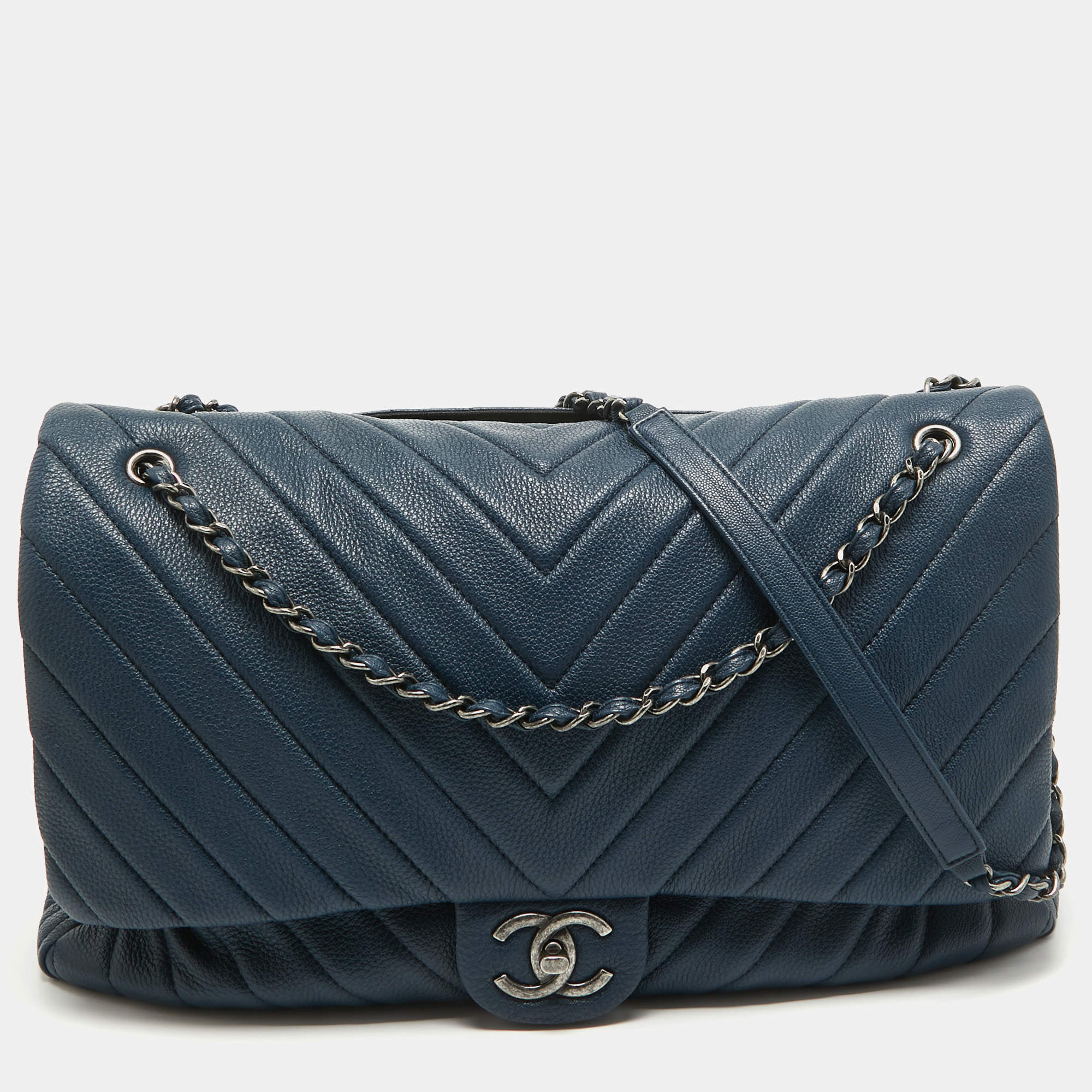 Pre Owned Chanel Blue Chevron Leather XXL Travel Flap Bag 