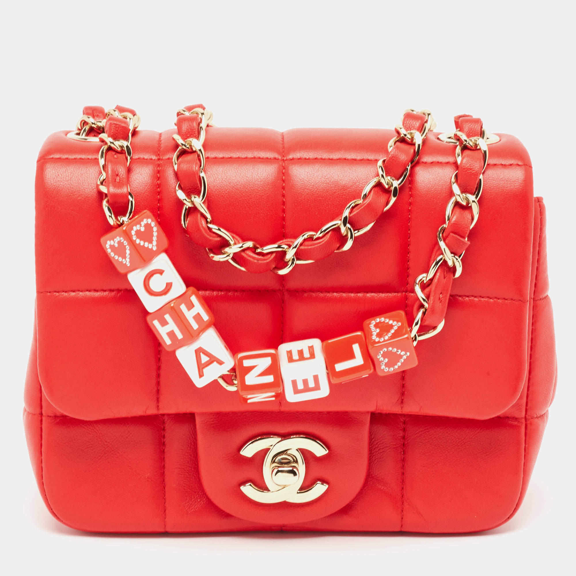 Pre Owned Chanel Red Quilted Leather Mini Monacoco Square Flap Bag 