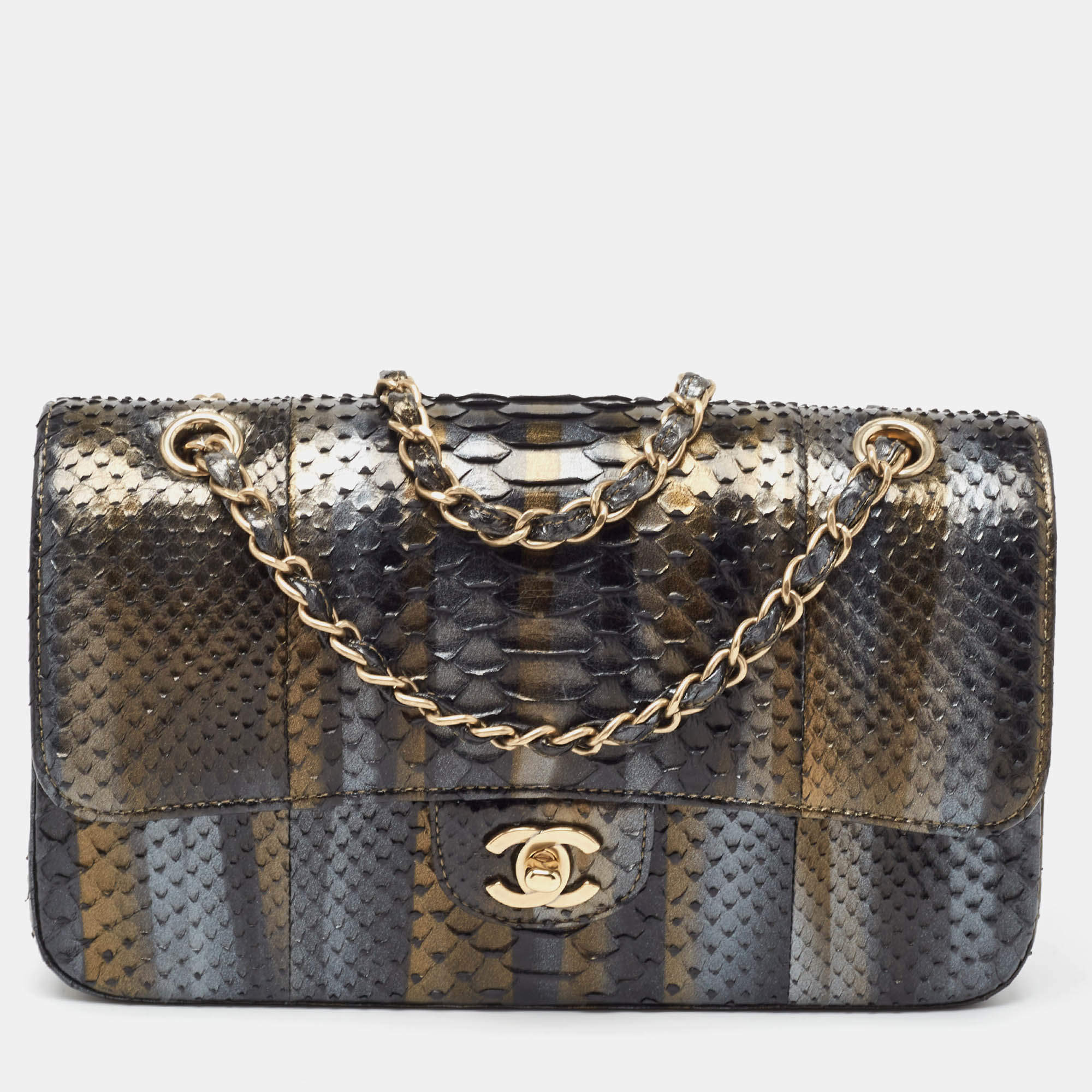 Pre Owned Chanel Metallic Tricolor Python Medium Classic Double Flap Bag 