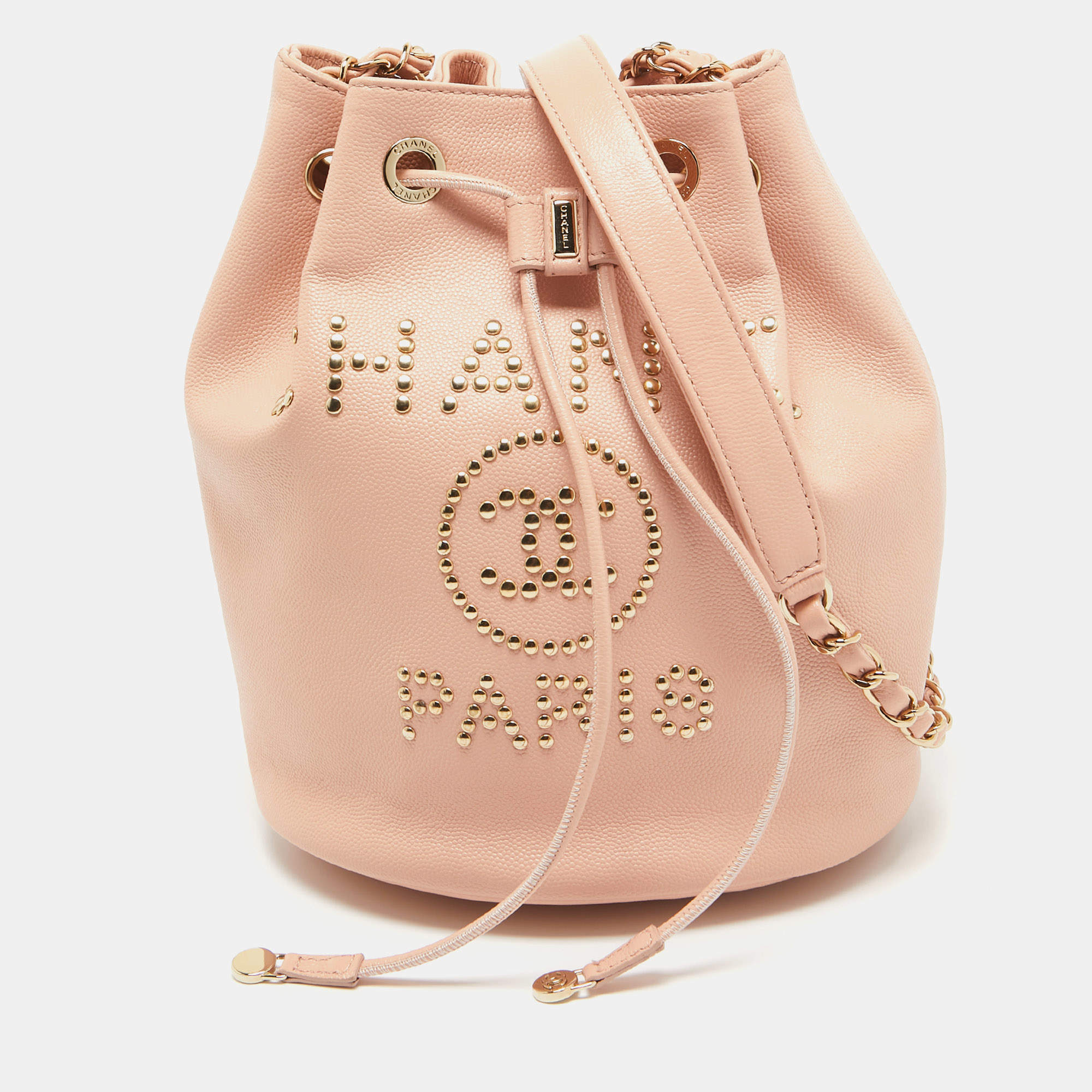 Chanel Peach Leather Logo Studs Deauville Drawstring Bucket Bag