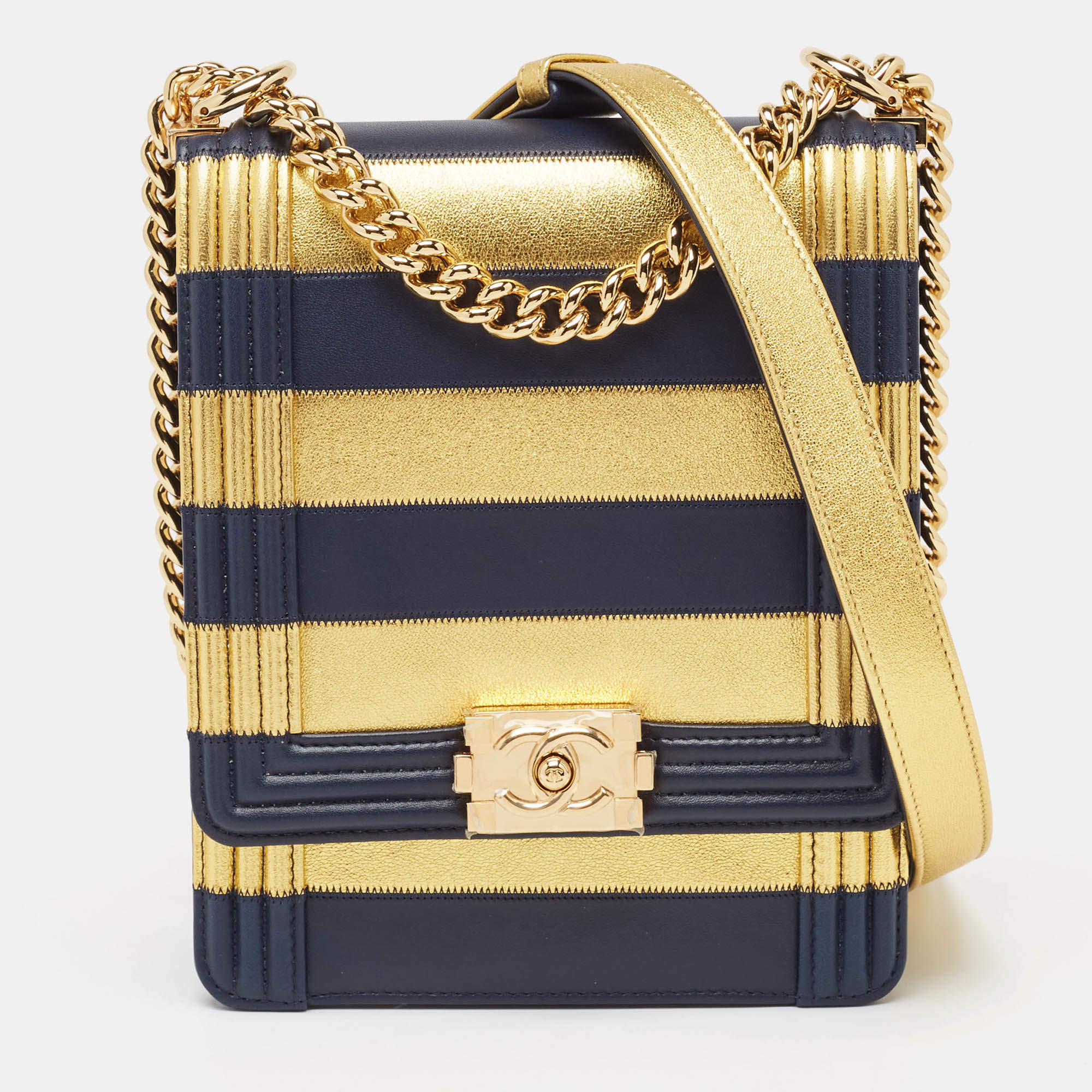 Chanel Navy Blue/Gold Leather Paris-New York North/South Boy Bag