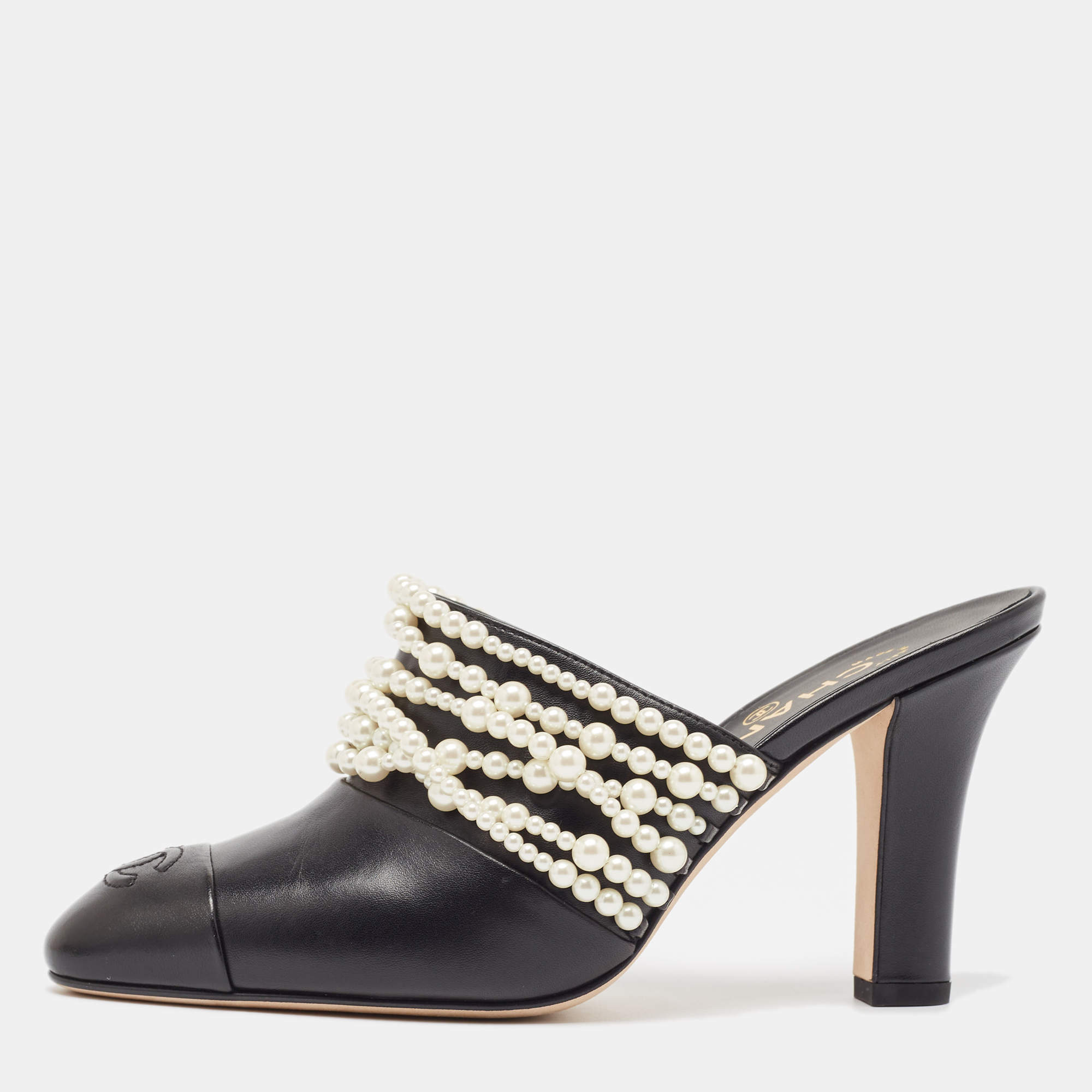 Chanel Black Leather Pearl Embellished Mules Size 38
