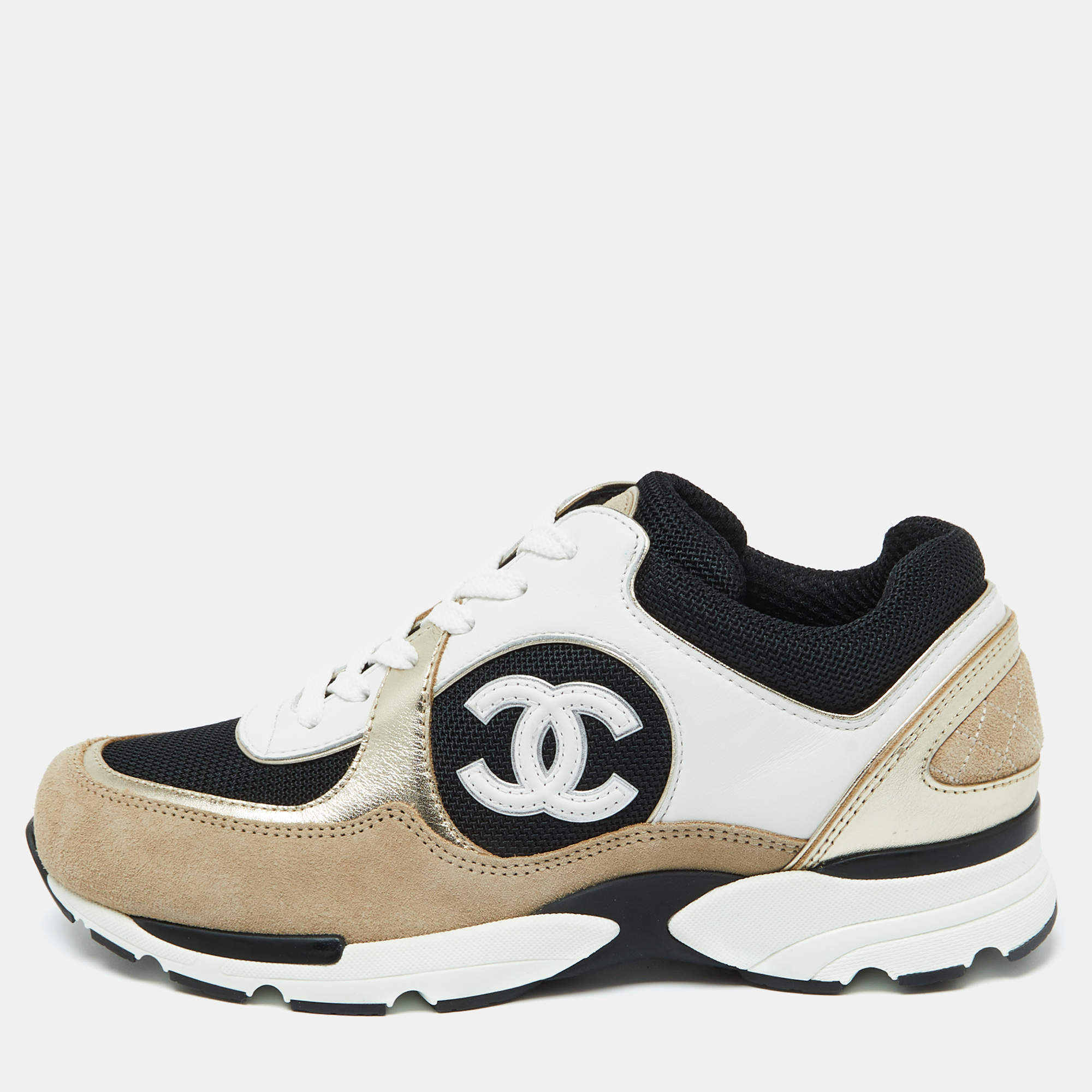Pre Owned Chanel Tricolor Suede, Leather and Mesh CC Low Top Sneakers Size 37.5