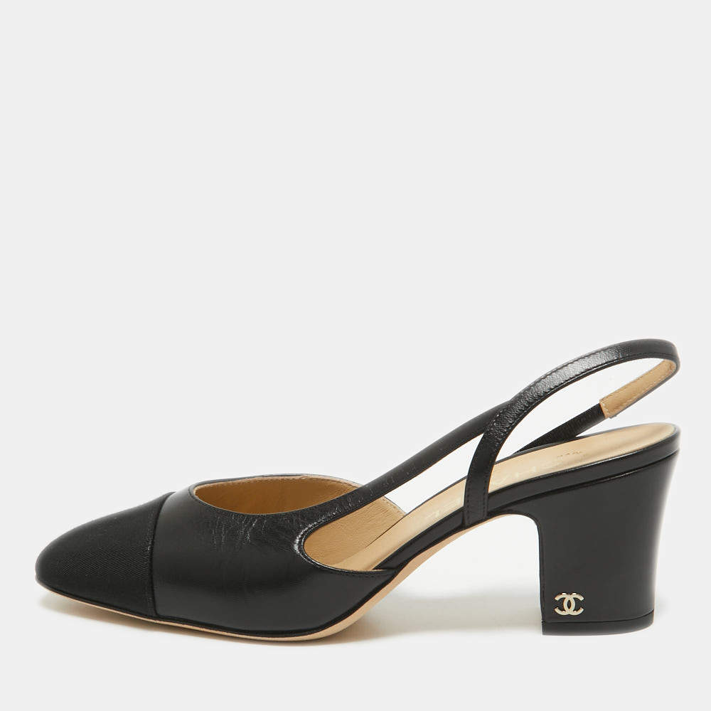 Chanel Black Leather and Fabric Cap Toe CC Slingback Pumps Size 39