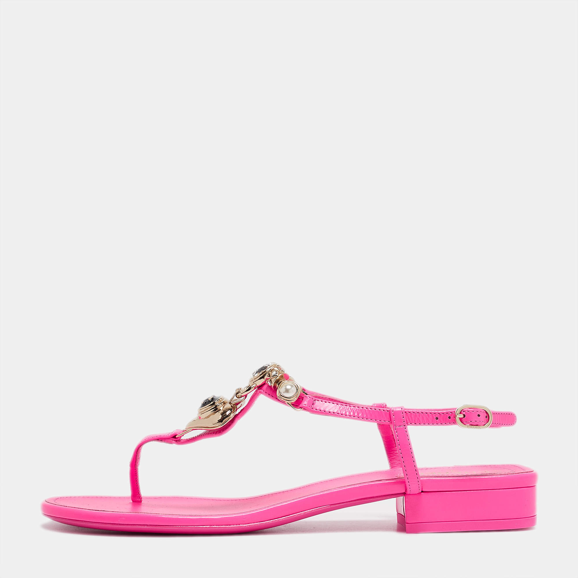 Chanel Pink Leather Embellished CC Thong Sandals Size 40