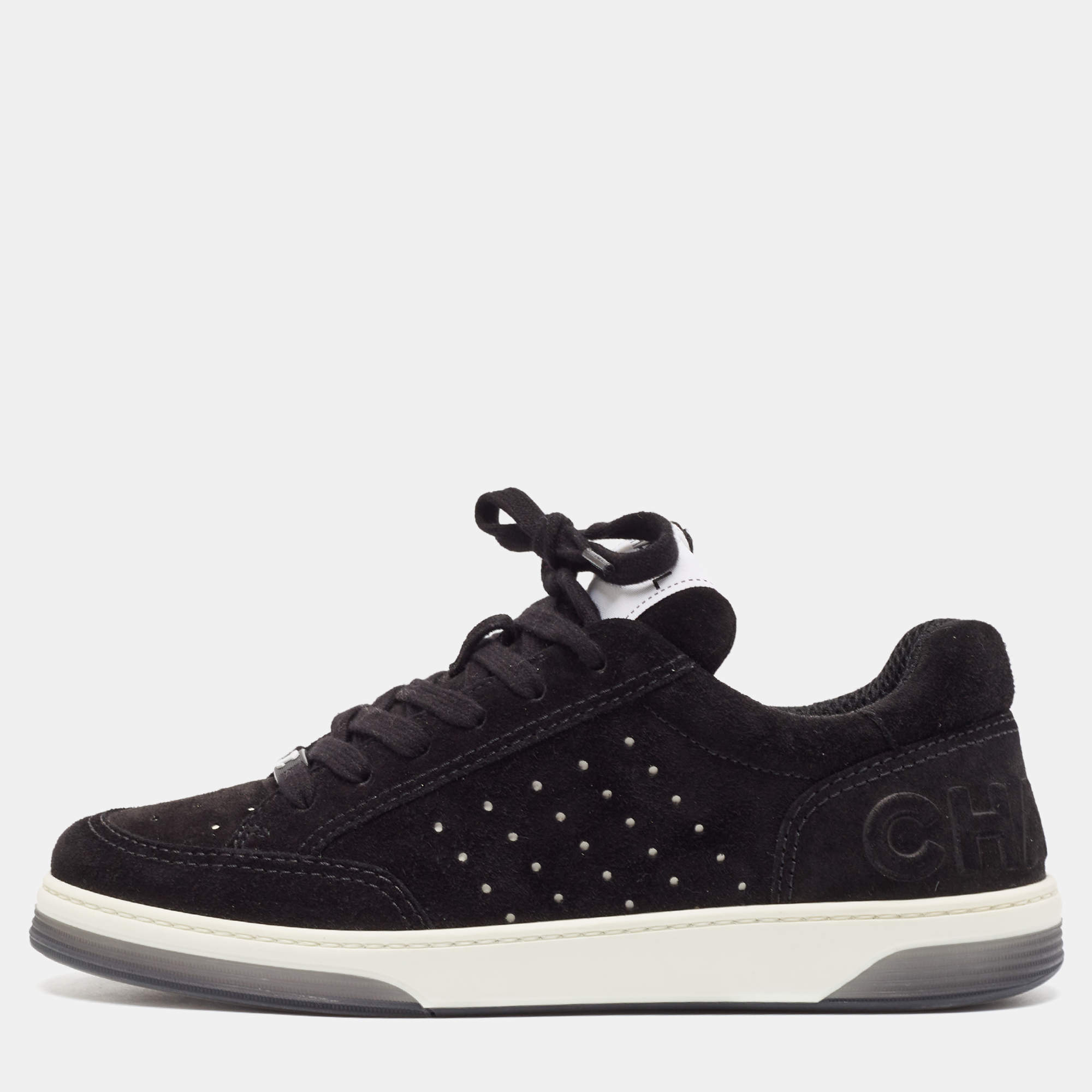 Pre Owned Chanel Black Suede Perforated CC Lace Up Sneakers Size 40