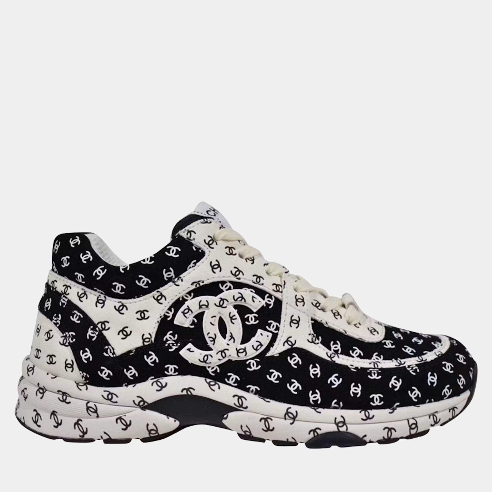 Chanel Black Suede Printed CC Trainer Sneakers Size EU 37