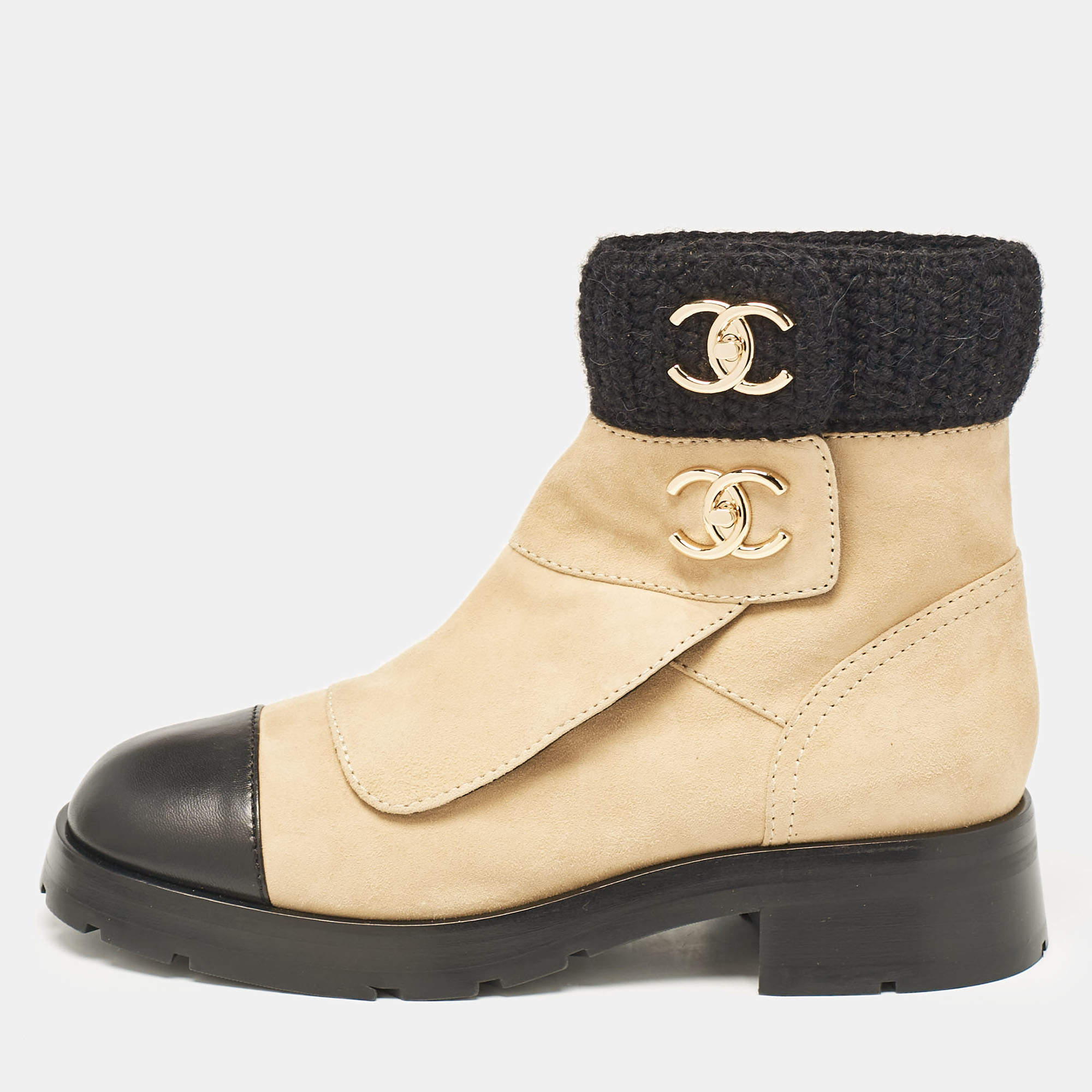 Chanel Beige/Black Suede and Leather CC Combat Boots Size 40.5