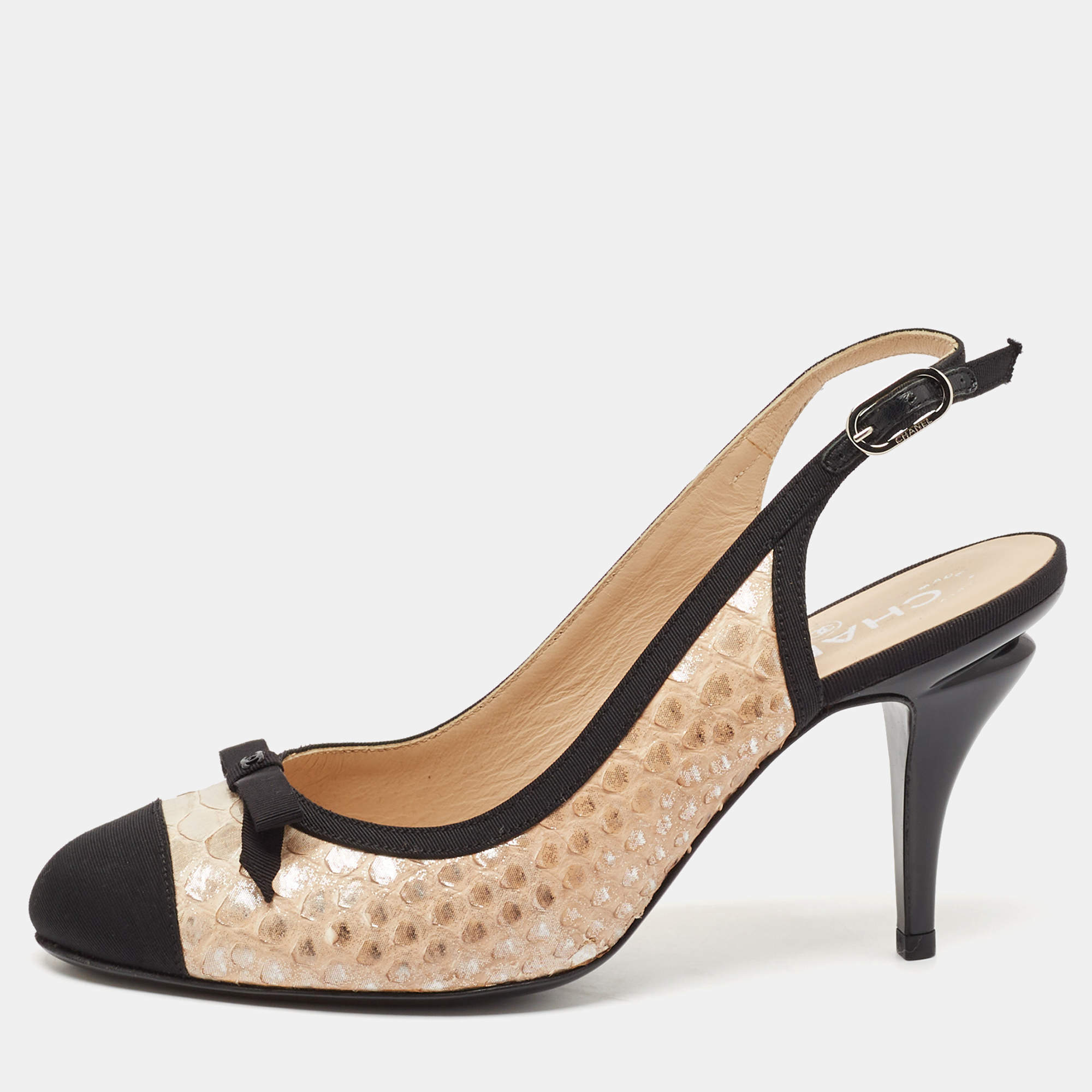 Pre Owned Chanel Black/Beige Canvas and Python Leather Bow Slingback Pumps Size 39